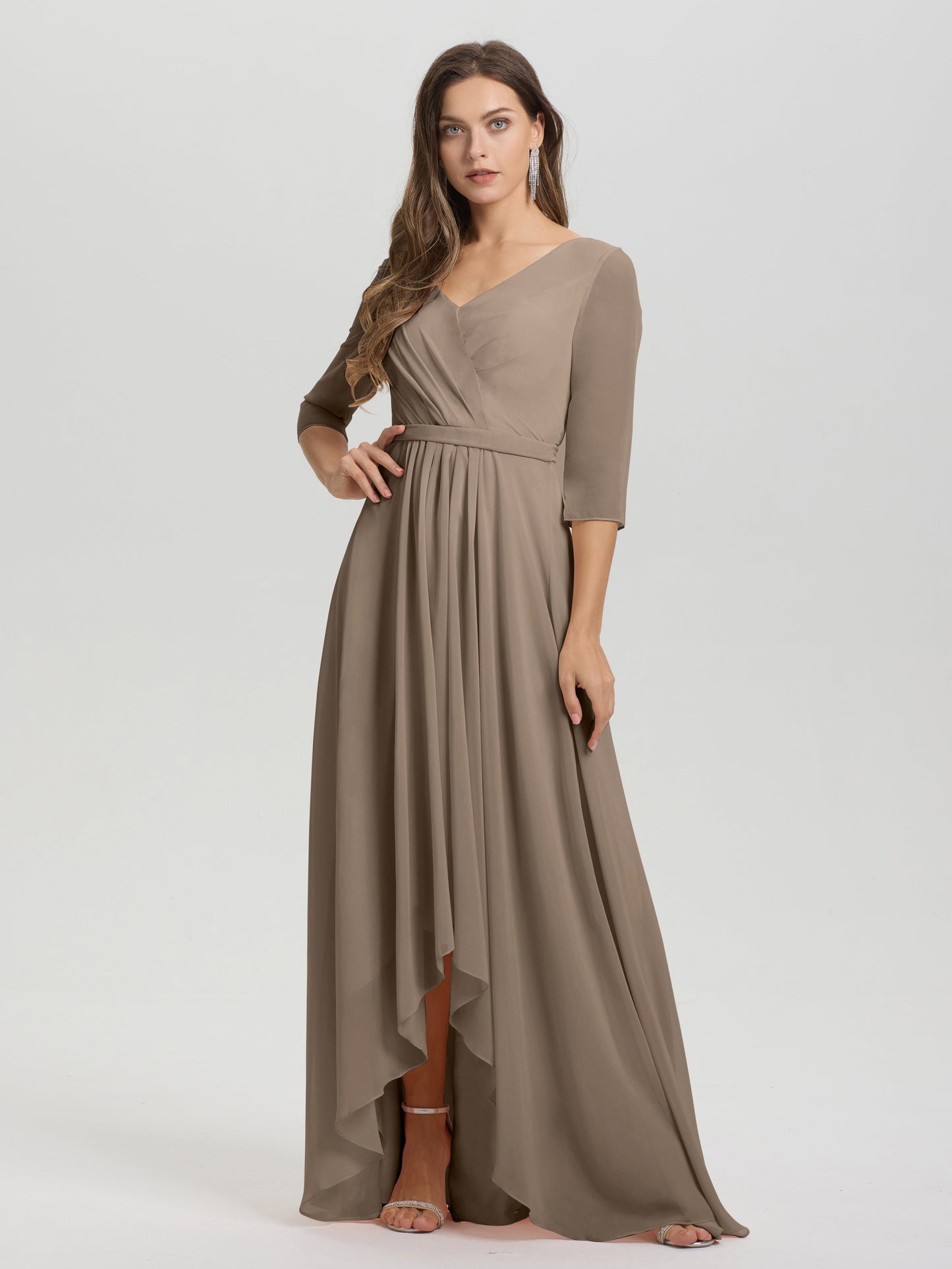Flowy 3/4 Sleeves V-Neck Asymmetrical High Low Chiffon Bridesmaid Dress