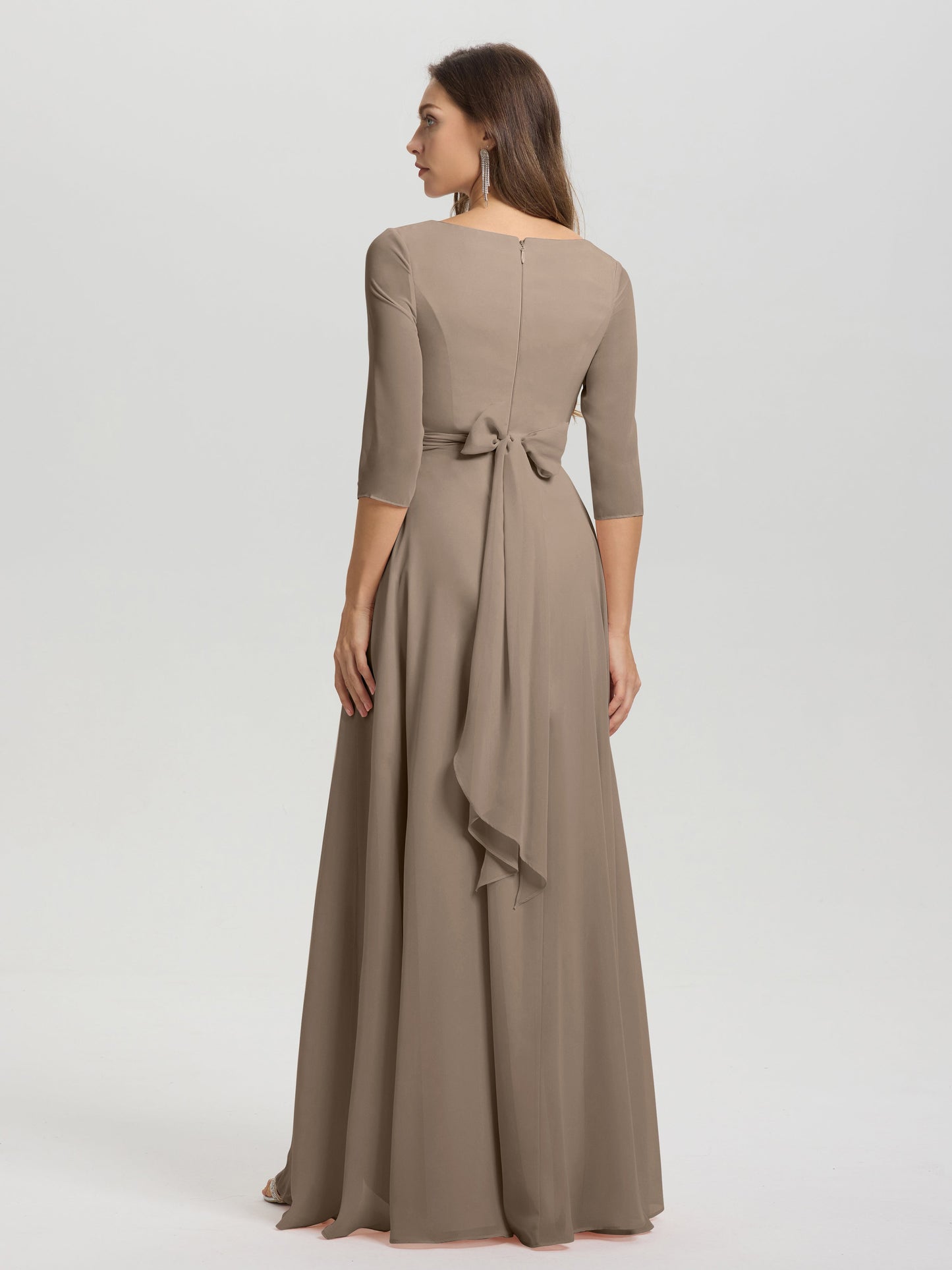 Flowy 3/4 Sleeves V-Neck Asymmetrical High Low Chiffon Bridesmaid Dress