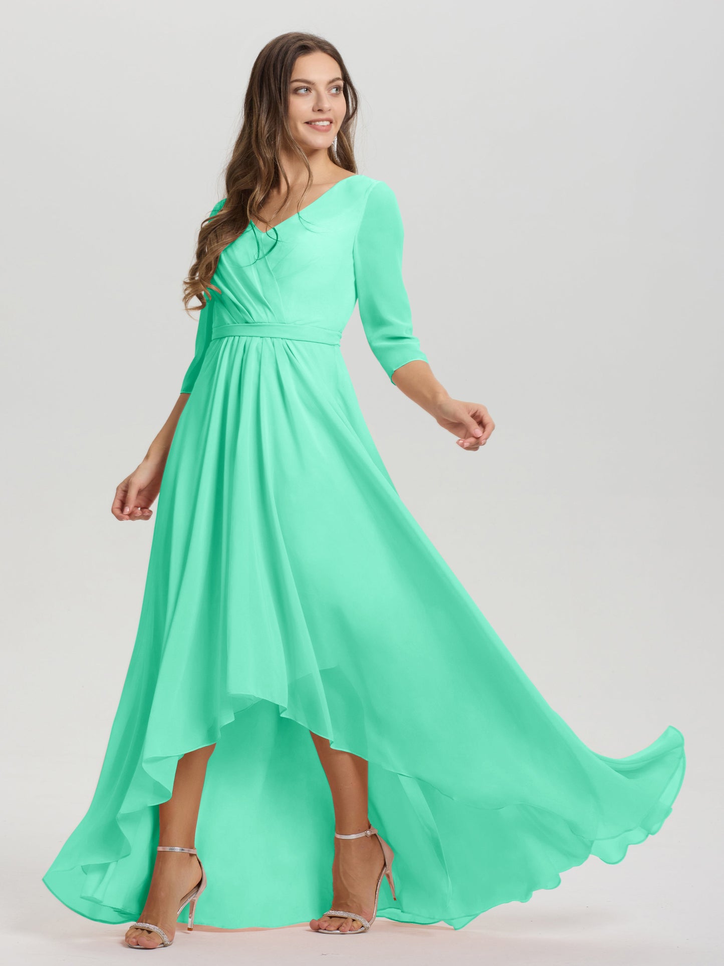 Flowy 3/4 Sleeves V-Neck Asymmetrical High Low Chiffon Bridesmaid Dress