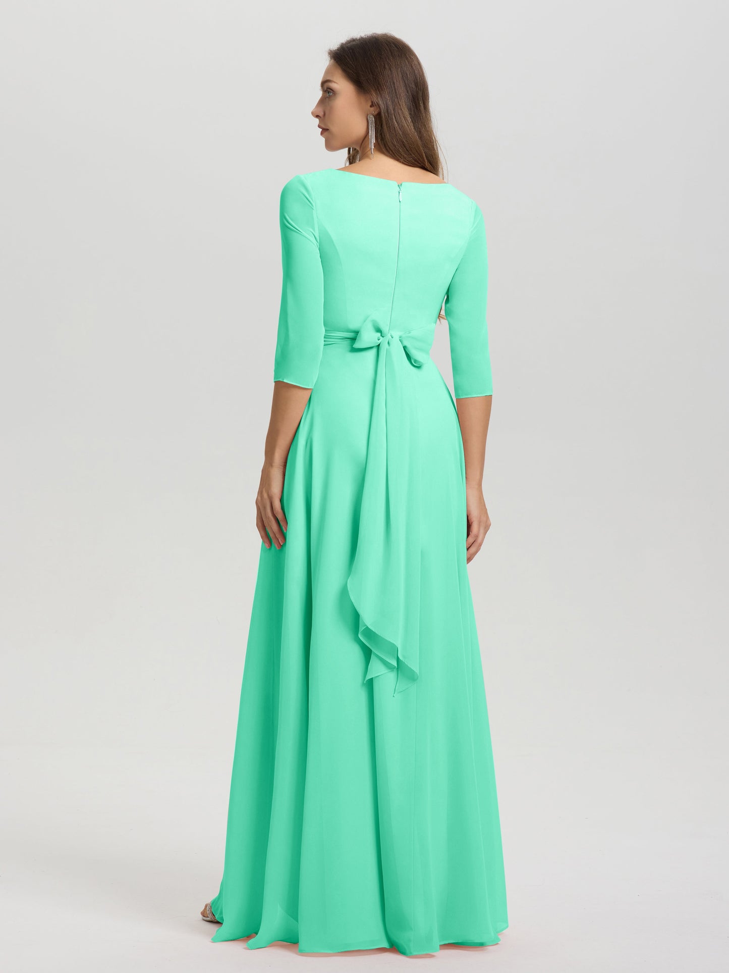 Flowy 3/4 Sleeves V-Neck Asymmetrical High Low Chiffon Bridesmaid Dress