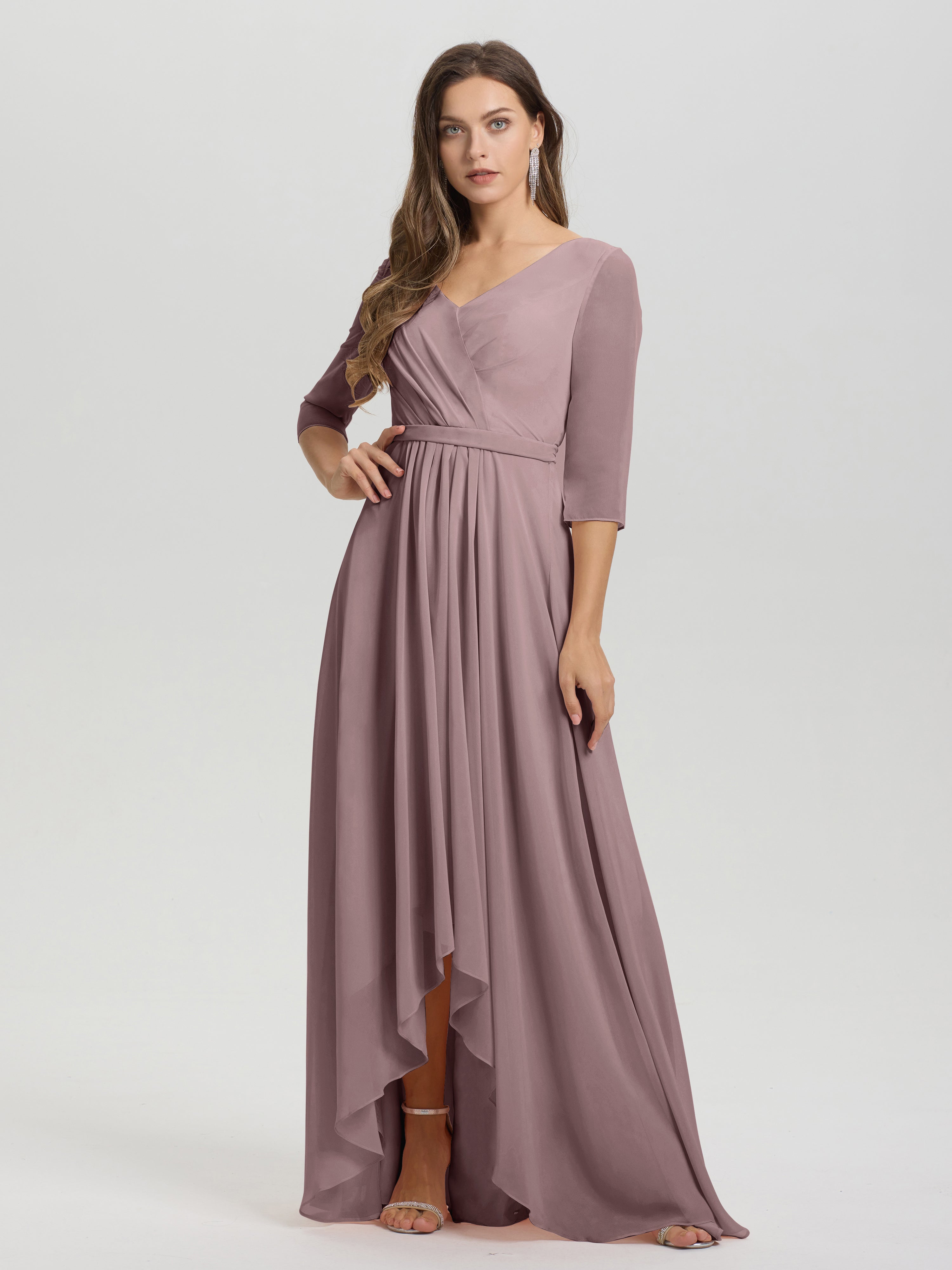 Flowy 3/4 Sleeves V-Neck Asymmetrical High Low Chiffon Bridesmaid Dress