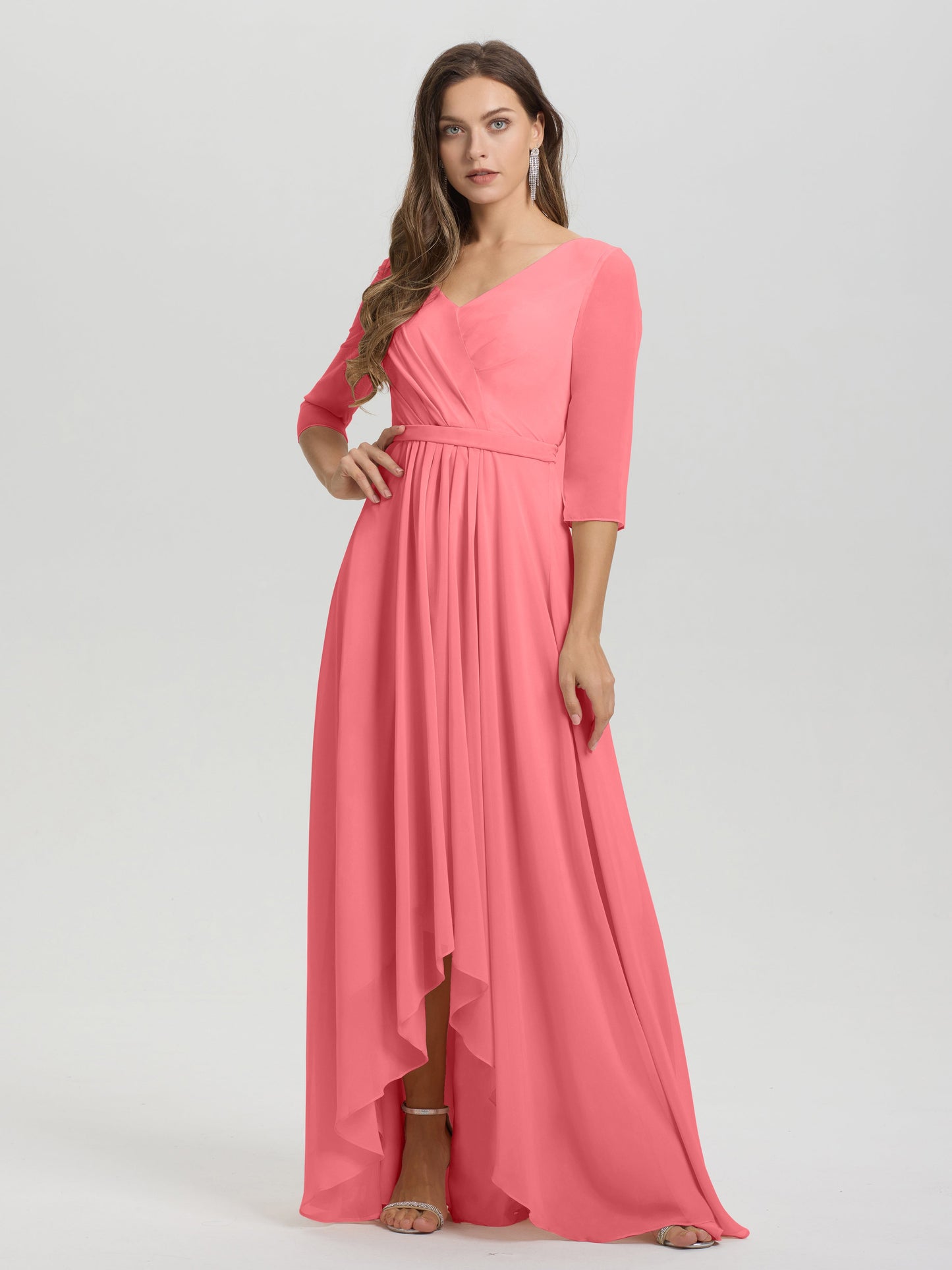 Flowy 3/4 Sleeves V-Neck Asymmetrical High Low Chiffon Bridesmaid Dress