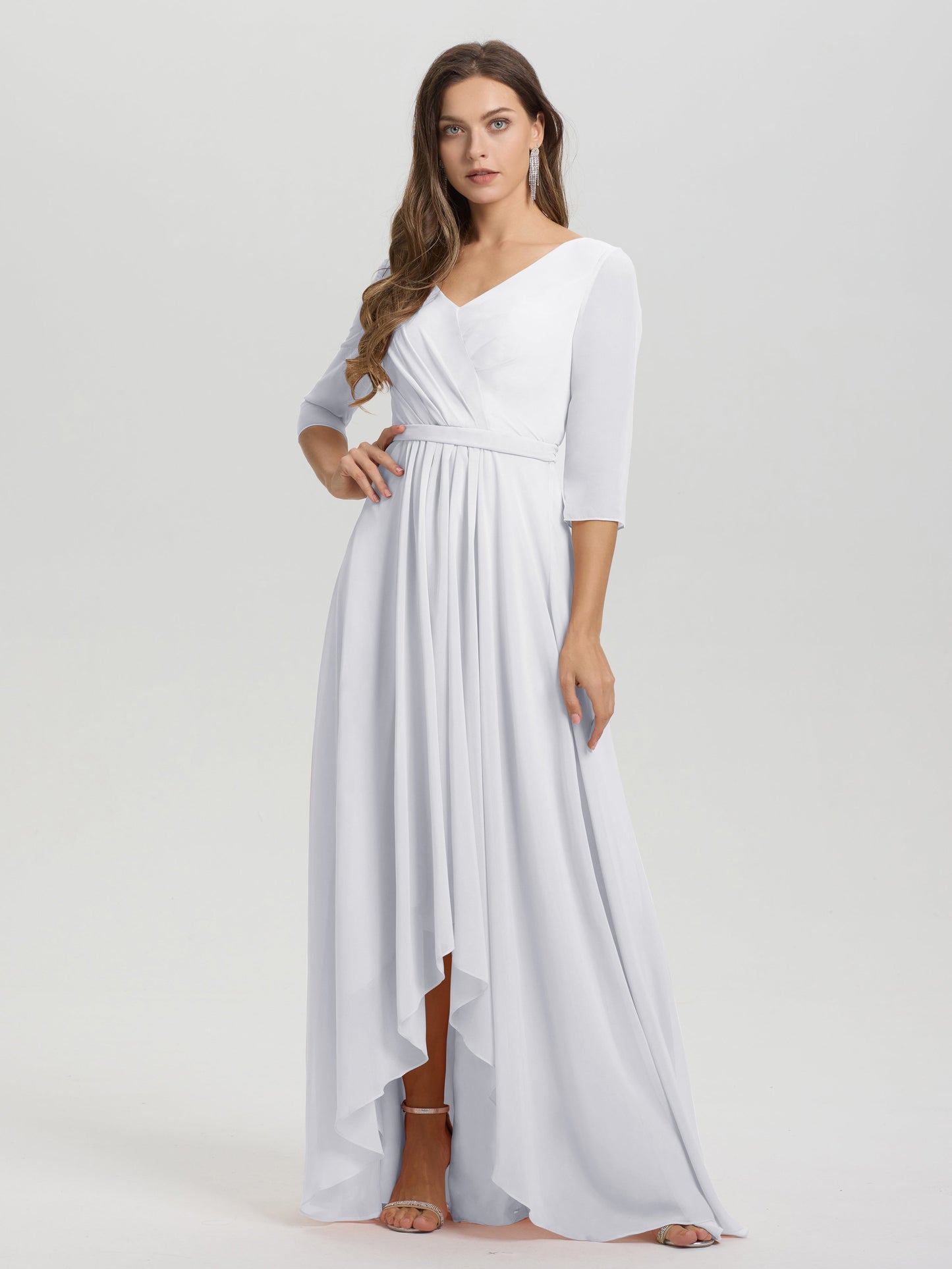 Flowy 3/4 Sleeves V-Neck Asymmetrical High Low Chiffon Bridesmaid Dress