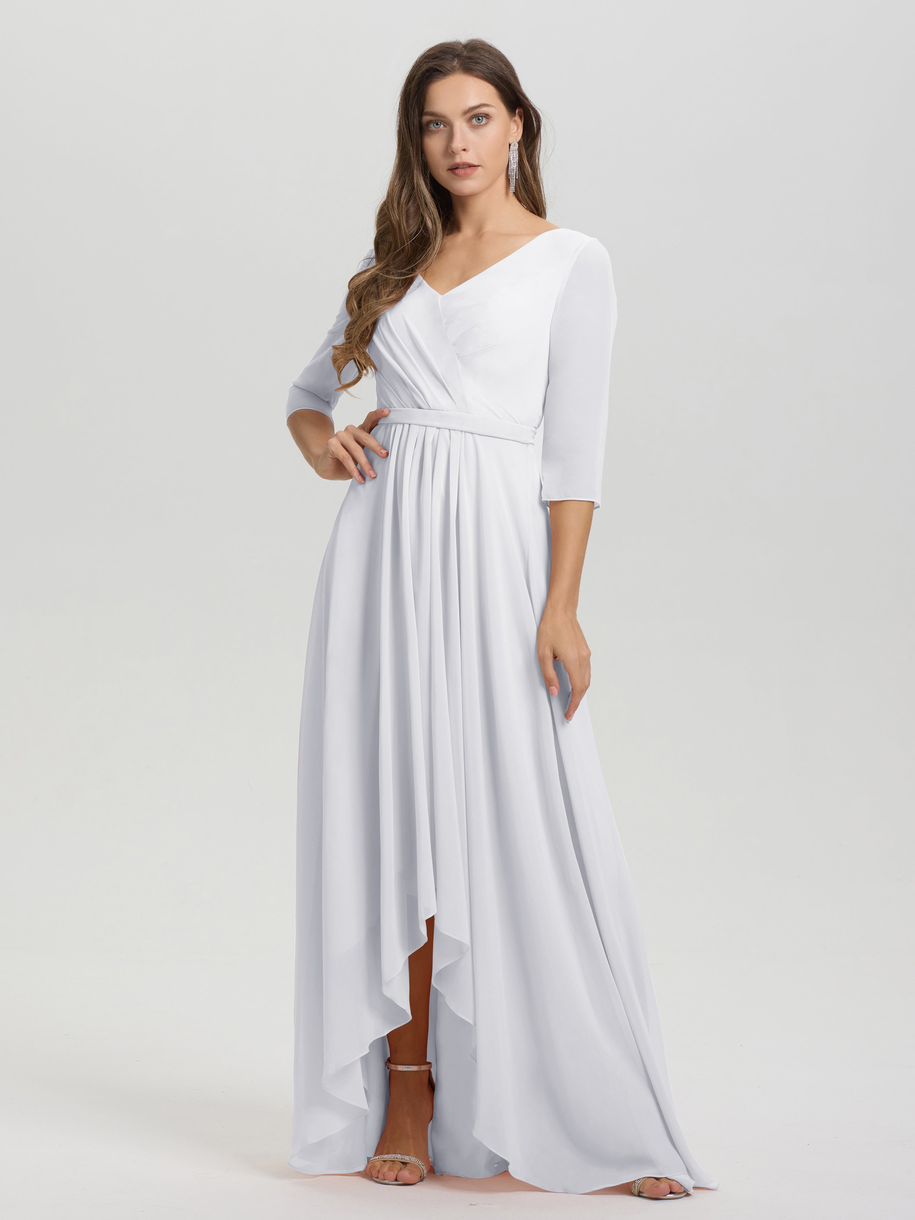 Flowy 3/4 Sleeves V-Neck Asymmetrical High Low Chiffon Bridesmaid Dress