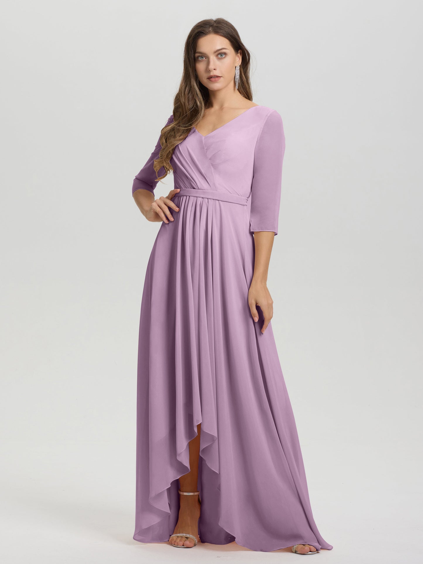 Flowy 3/4 Sleeves V-Neck Asymmetrical High Low Chiffon Bridesmaid Dress
