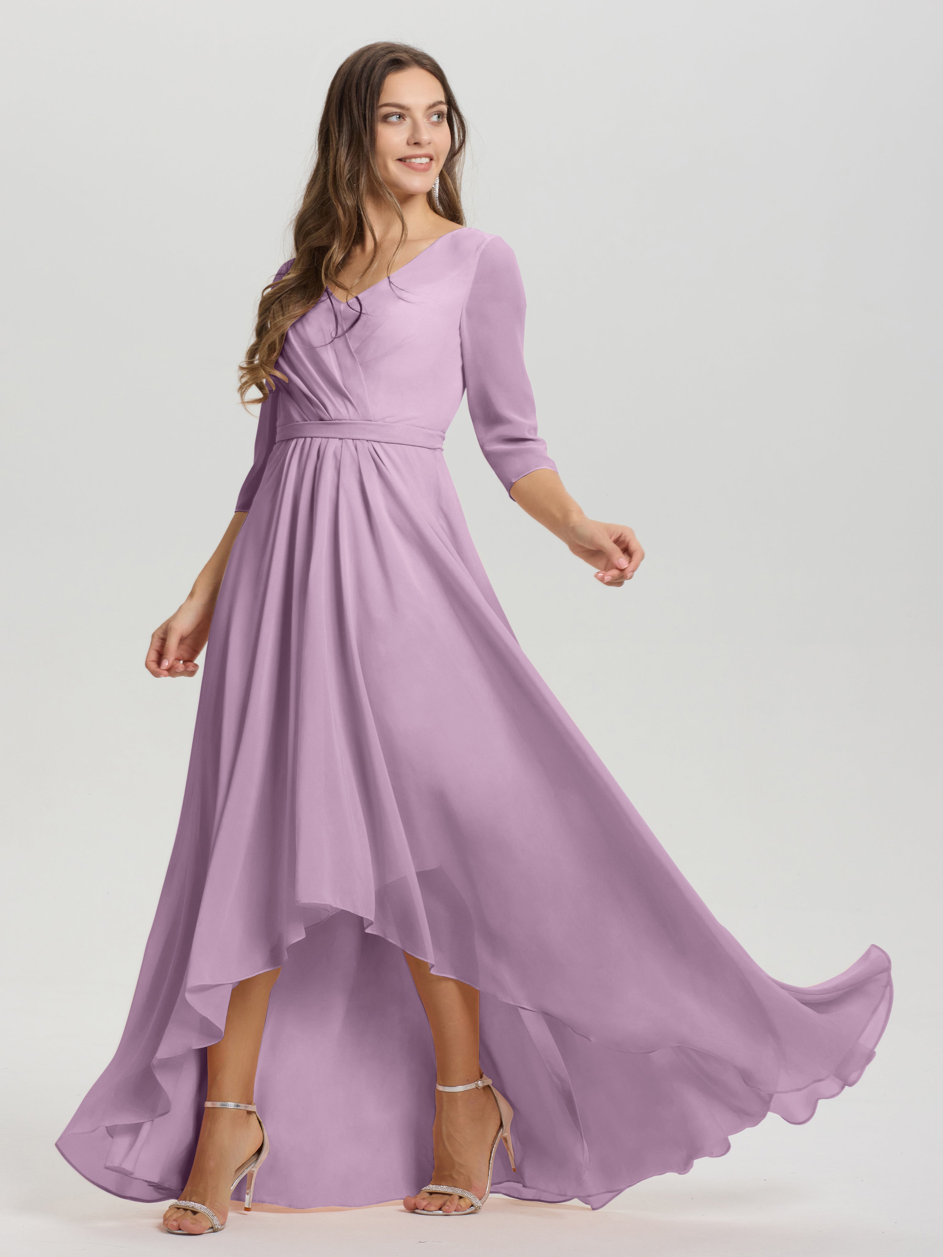Flowy 3/4 Sleeves V-Neck Asymmetrical High Low Chiffon Bridesmaid Dress