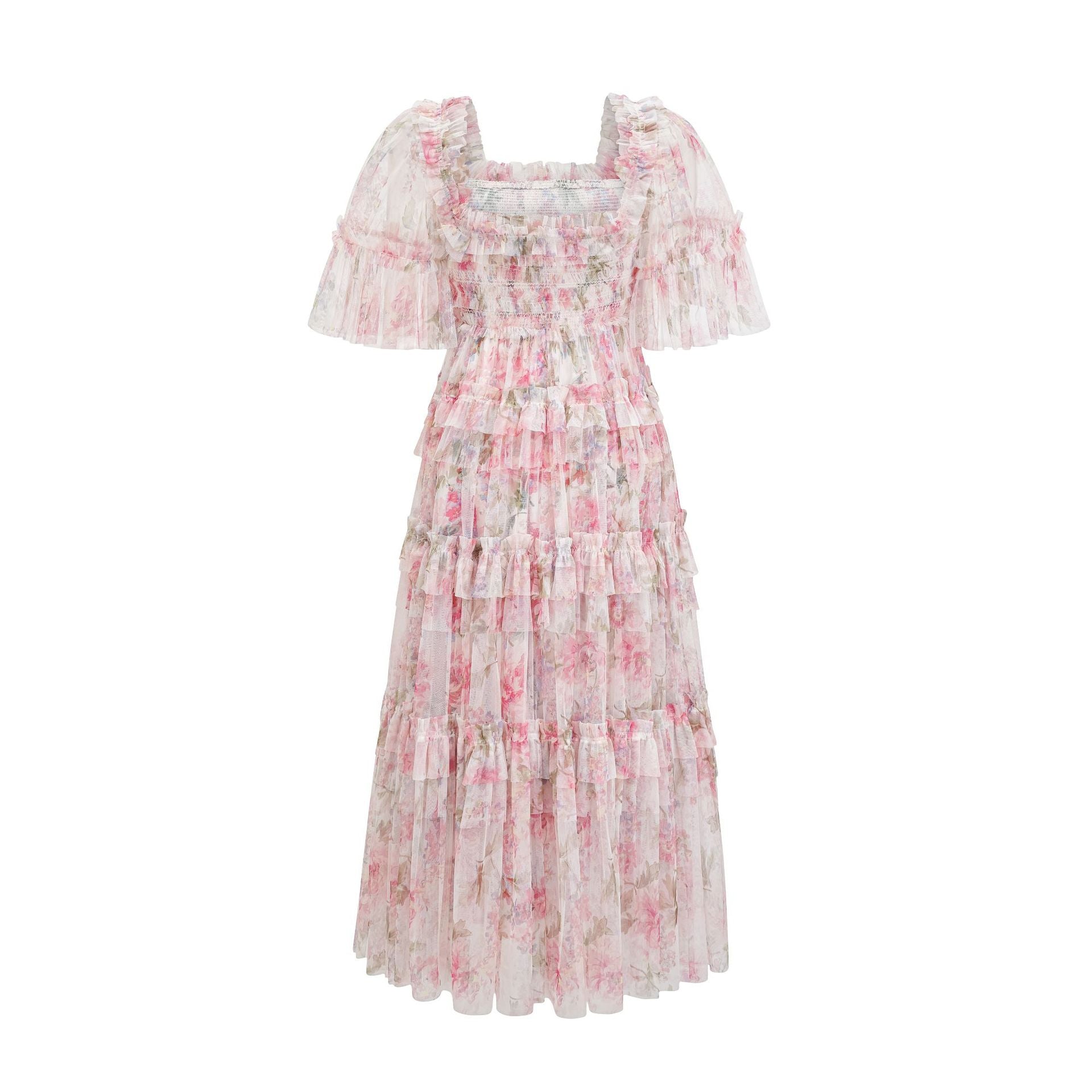 Flowy Half Sleeves Floral Ruffle Tulle Layered Bridesmaid Dresses