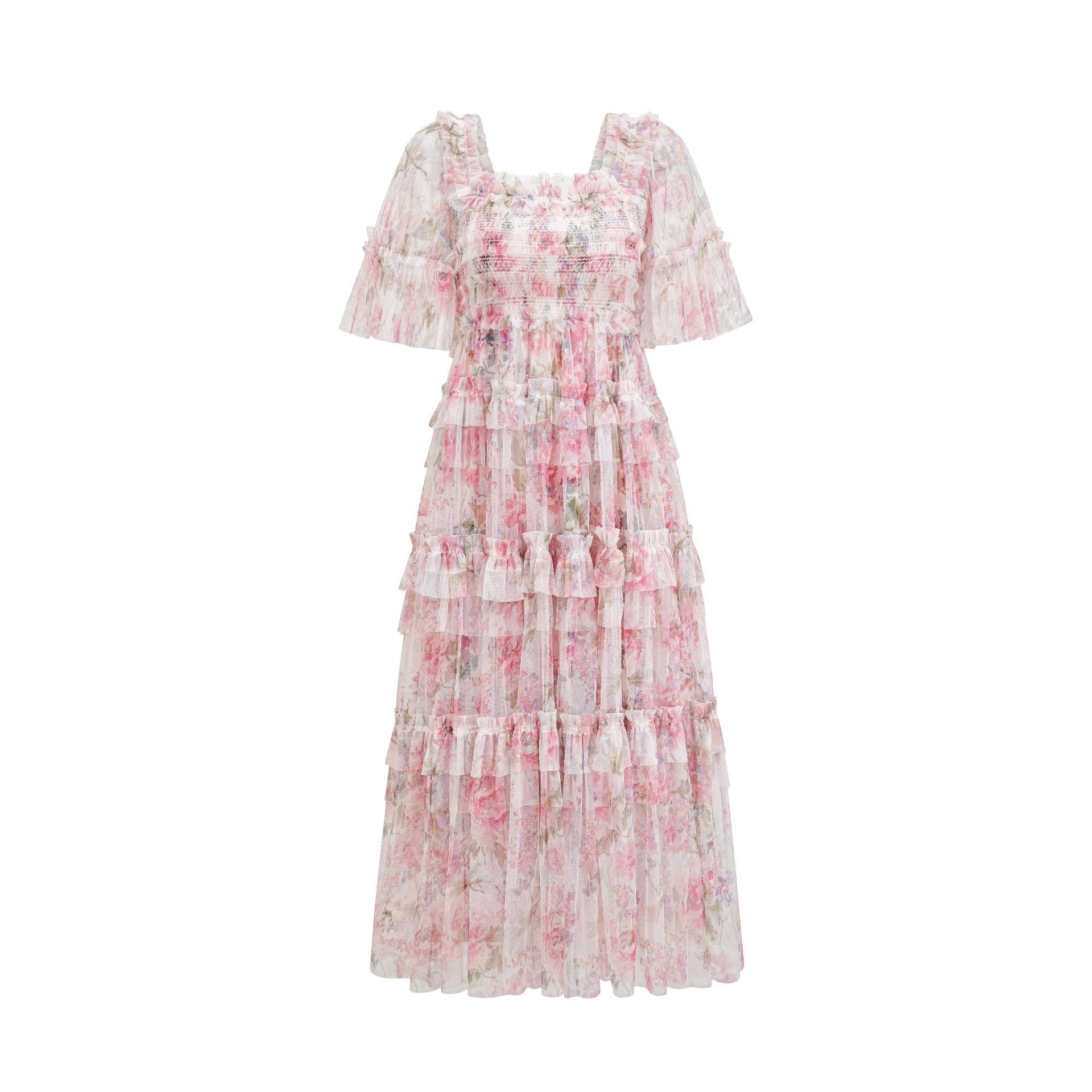 Flowy Half Sleeves Floral Ruffle Tulle Layered Bridesmaid Dresses