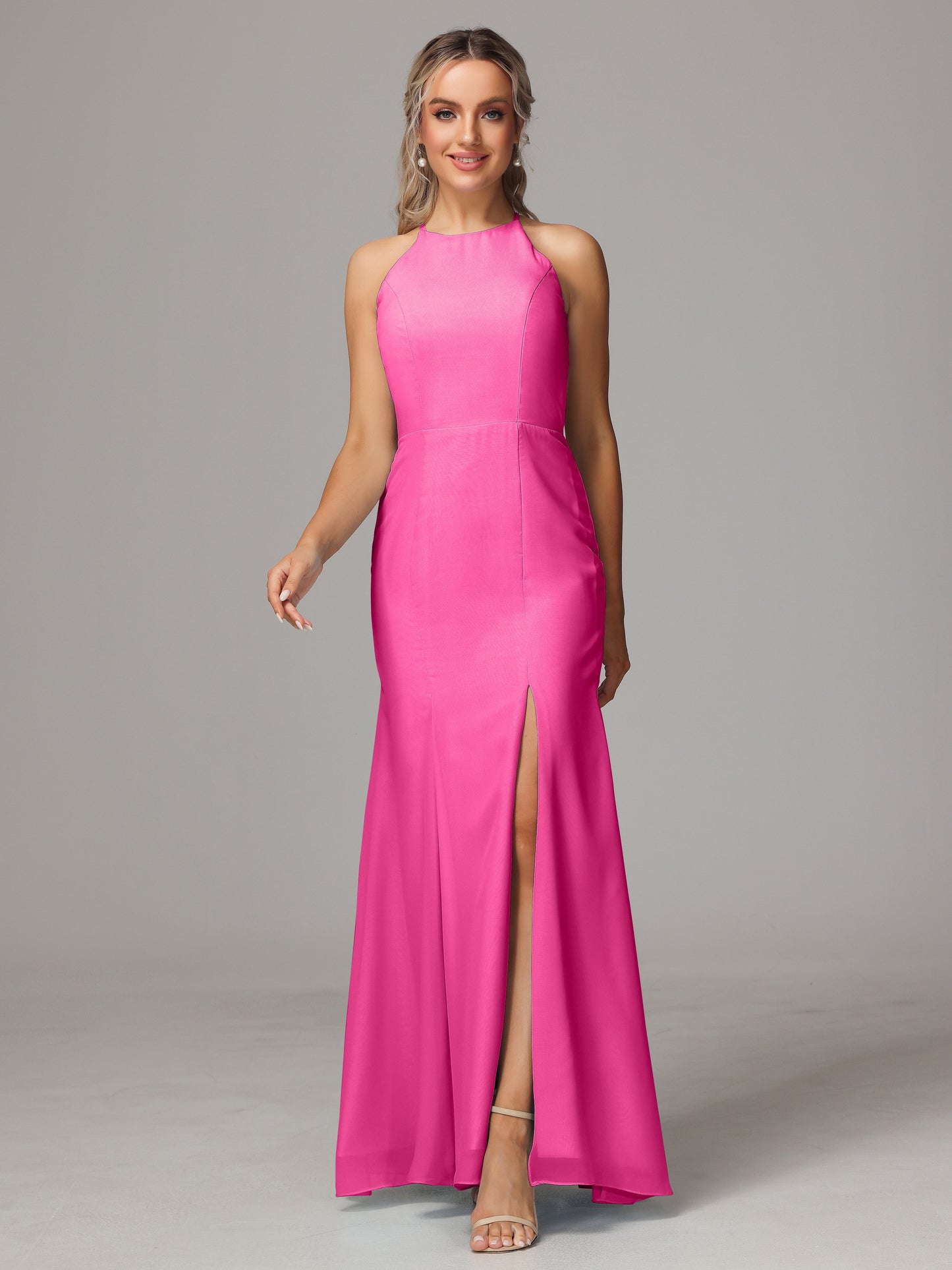 Halter Open Back Chiffon Bridesmaid Dress With Slit