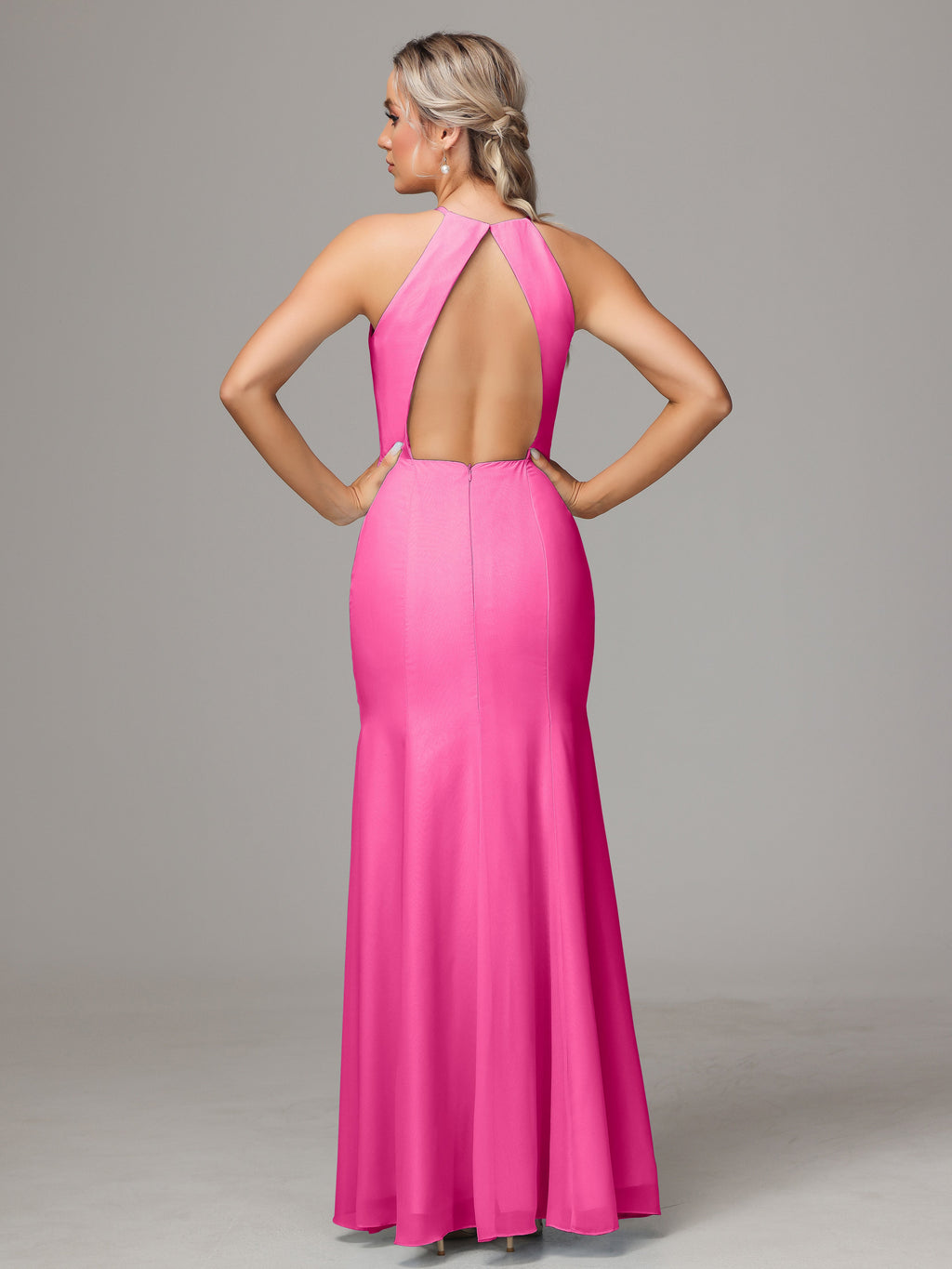 Halter Open Back Chiffon Bridesmaid Dress With Slit