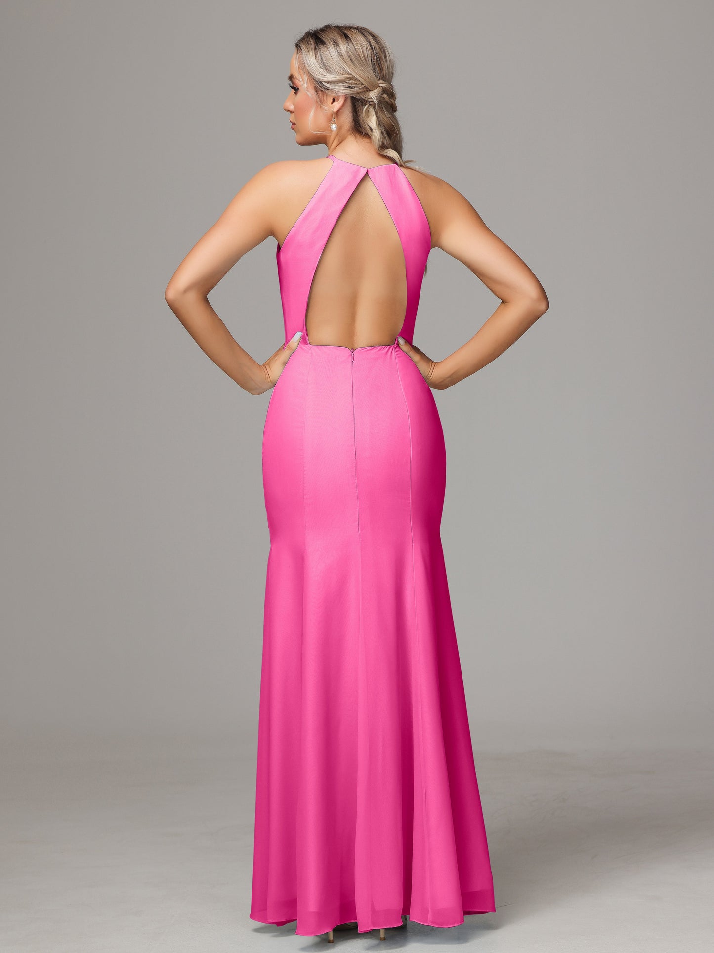 Halter Open Back Chiffon Bridesmaid Dress With Slit