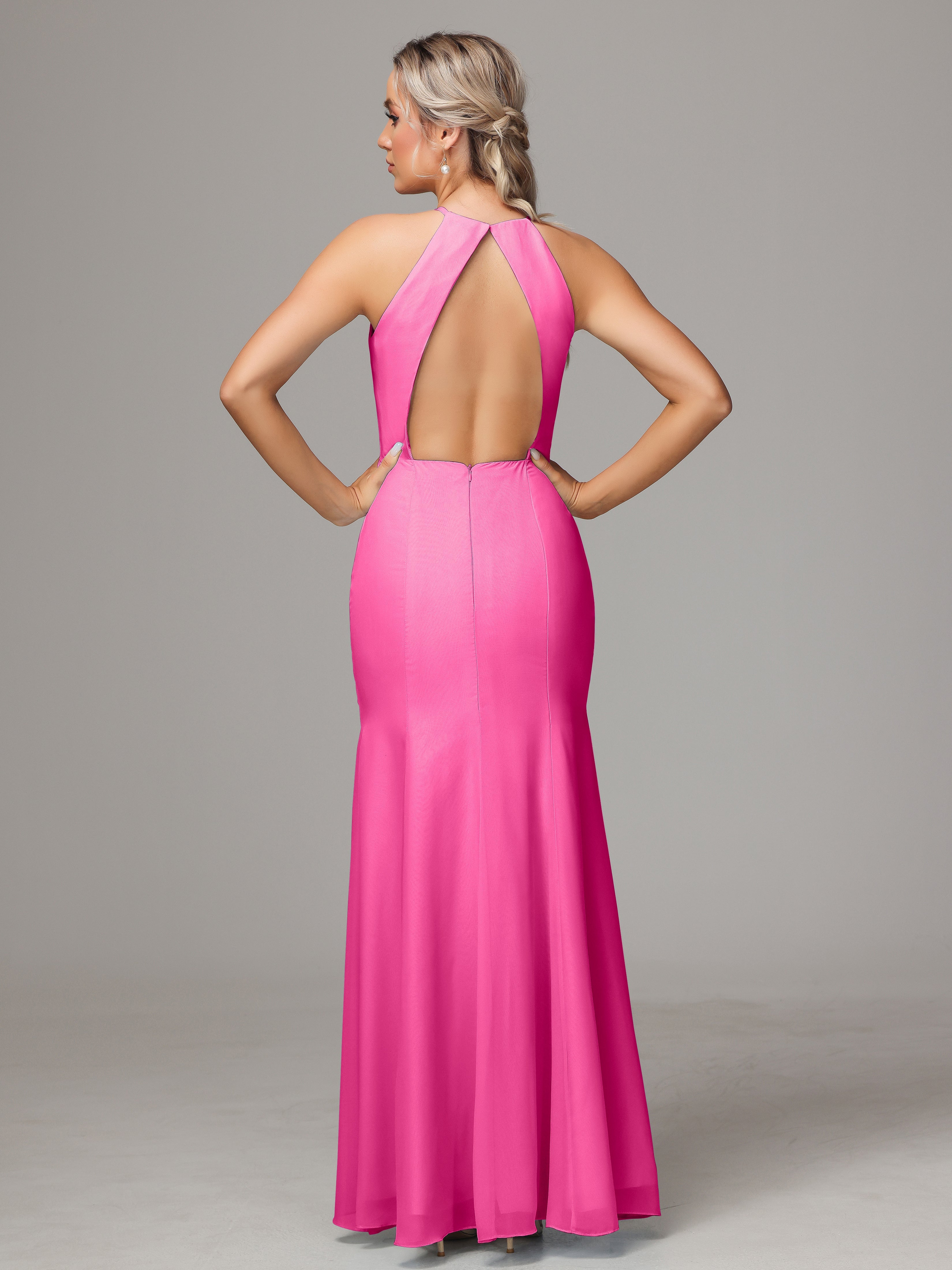 Halter Open Back Chiffon Bridesmaid Dress With Slit