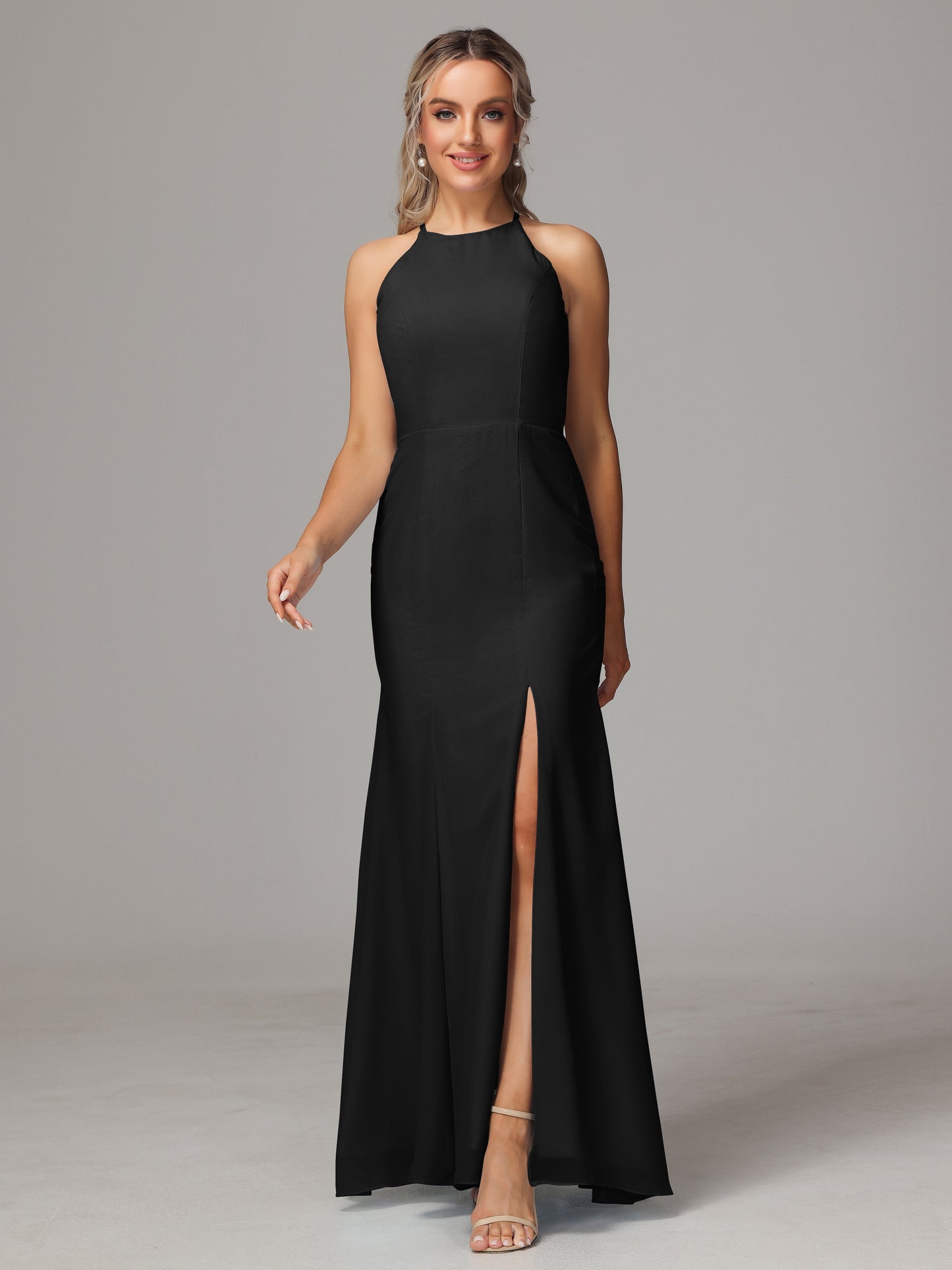 Halter Open Back Chiffon Bridesmaid Dress With Slit