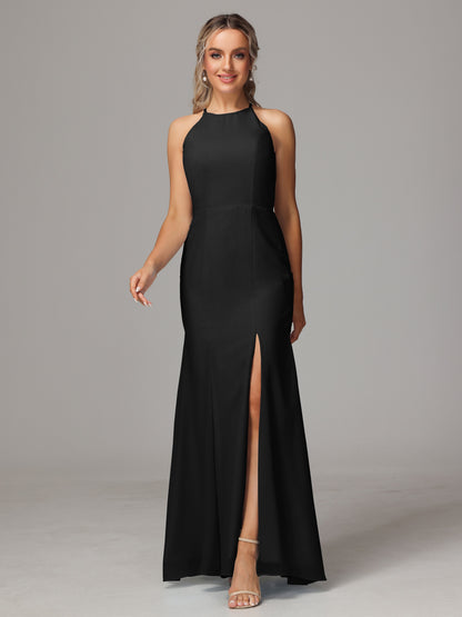 Halter Open Back Chiffon Bridesmaid Dress With Slit