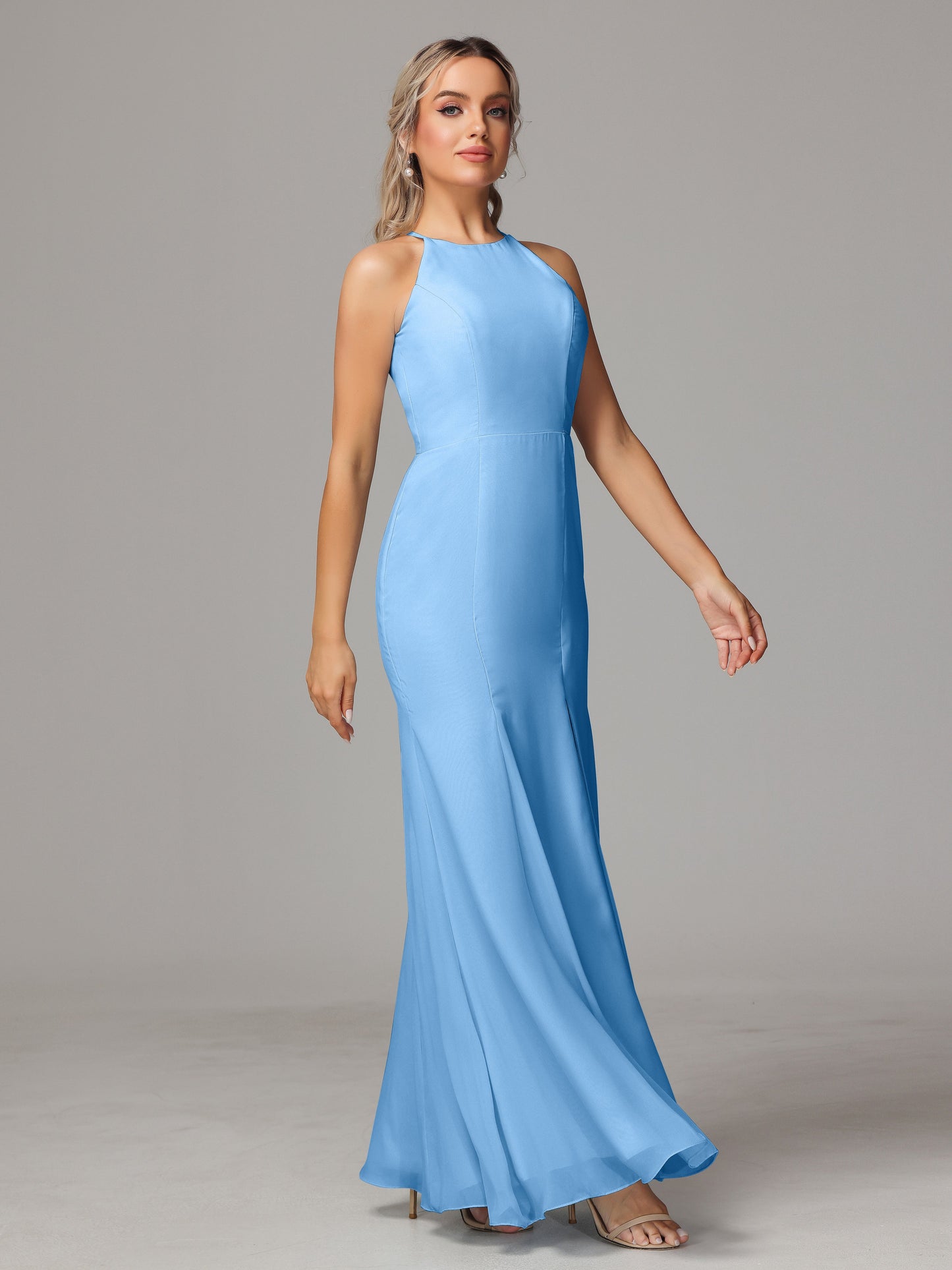 Halter Open Back Chiffon Bridesmaid Dress With Slit