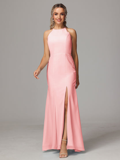 Halter Open Back Chiffon Bridesmaid Dress With Slit