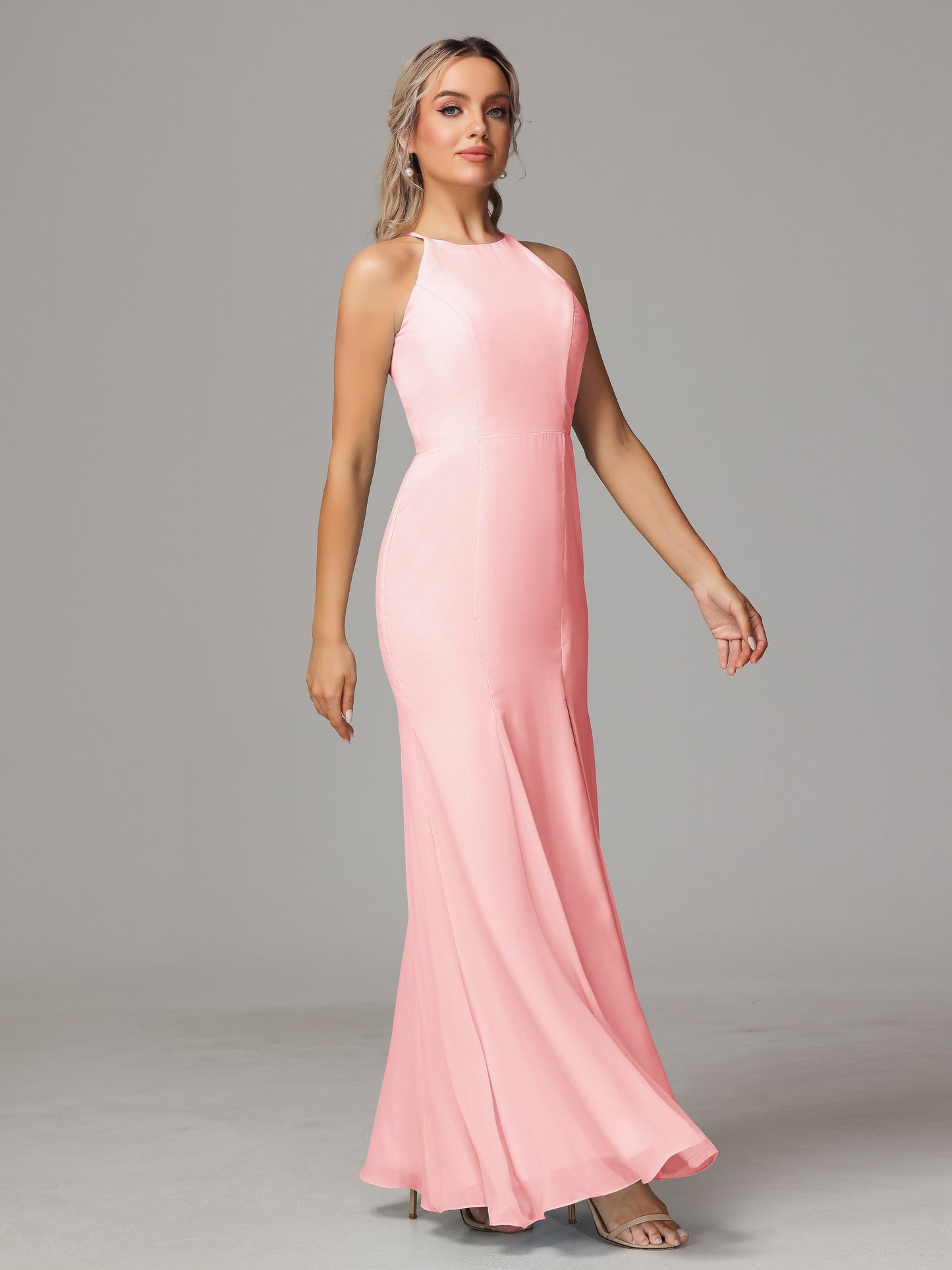 Halter Open Back Chiffon Bridesmaid Dress With Slit