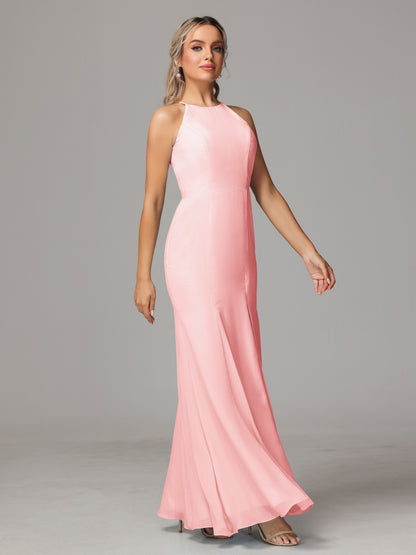 Halter Open Back Chiffon Bridesmaid Dress With Slit