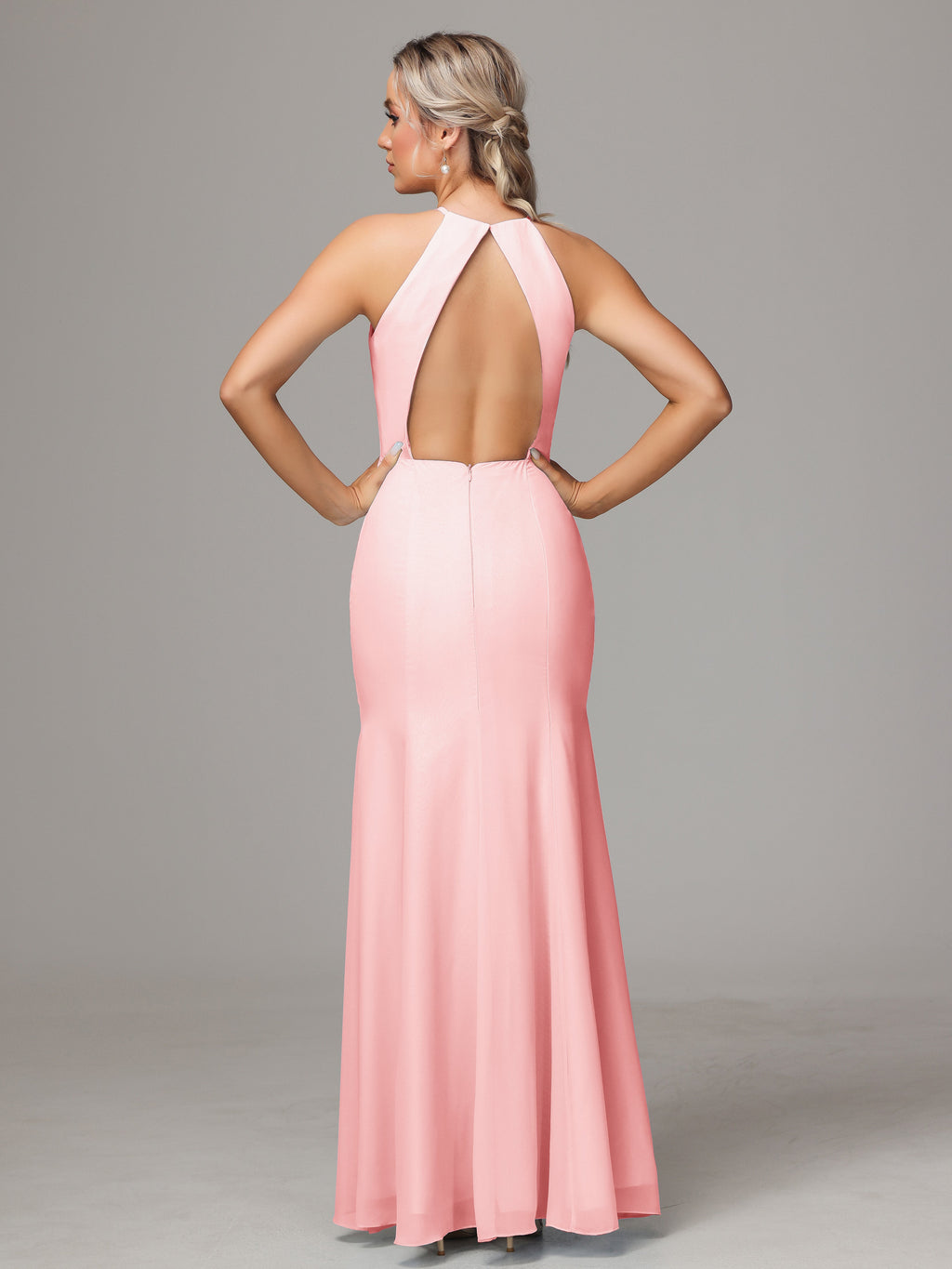 Halter Open Back Chiffon Bridesmaid Dress With Slit