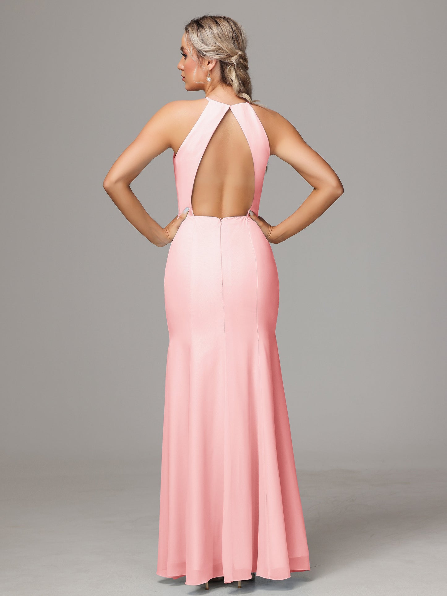Halter Open Back Chiffon Bridesmaid Dress With Slit
