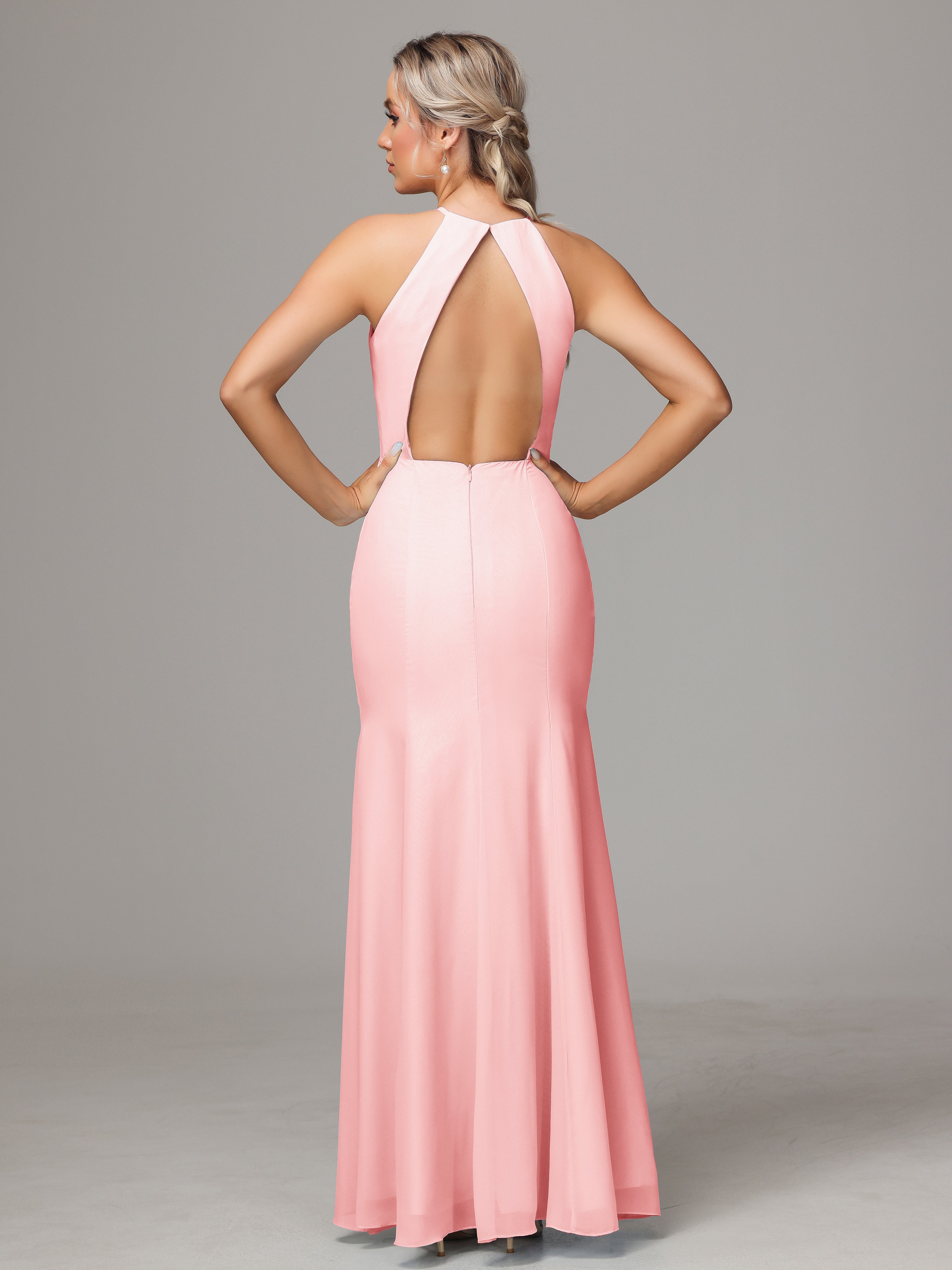 Halter Open Back Chiffon Bridesmaid Dress With Slit
