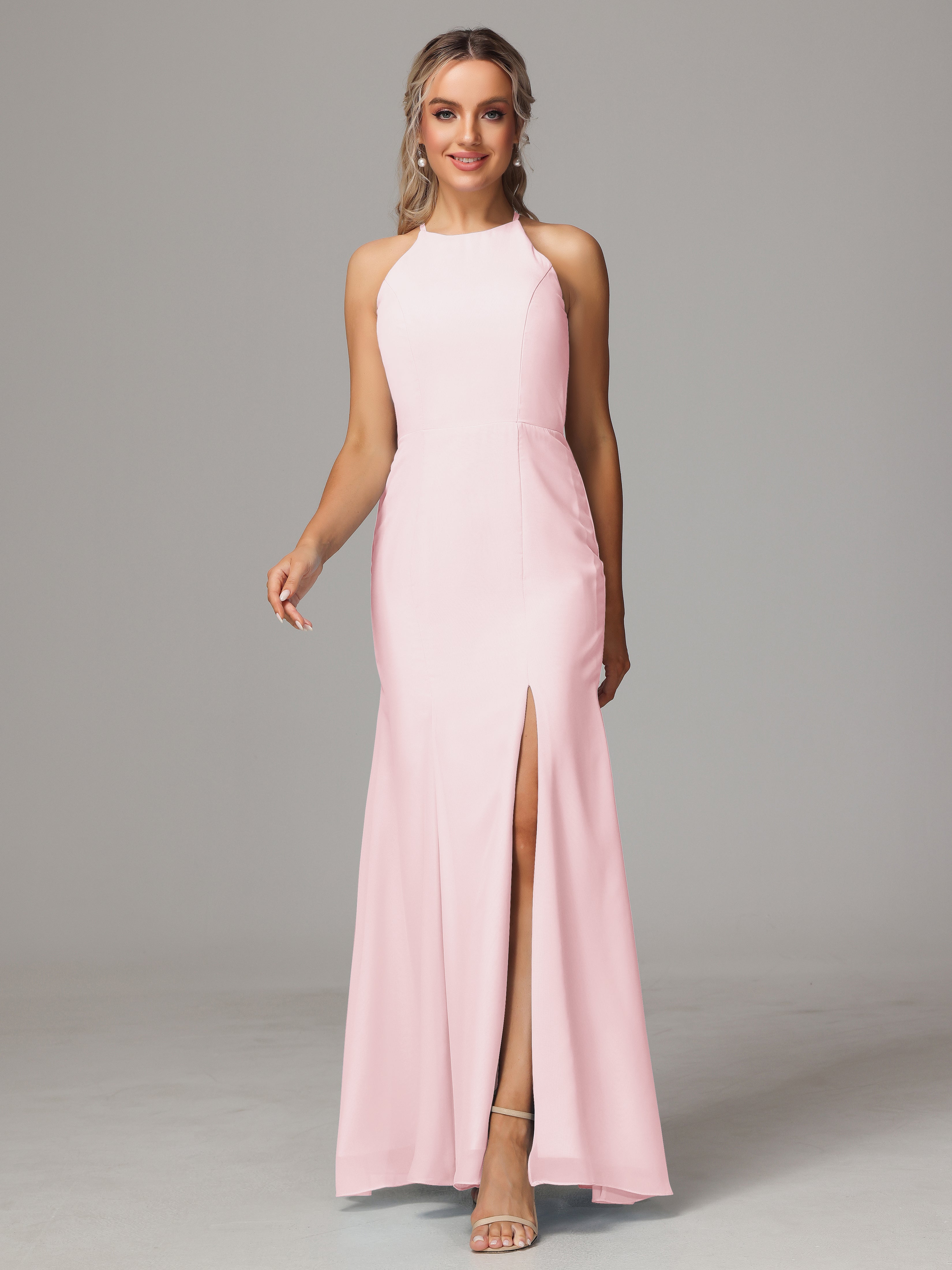 Halter Open Back Chiffon Bridesmaid Dress With Slit