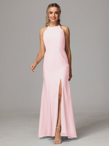 Halter Open Back Chiffon Bridesmaid Dress With Slit
