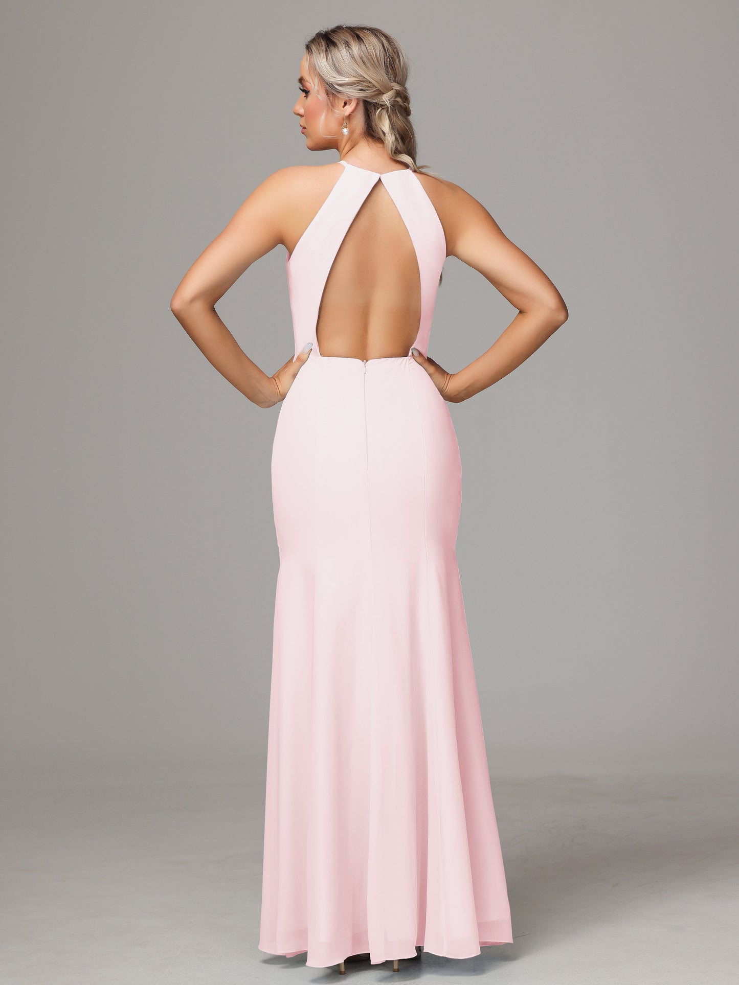 Halter Open Back Chiffon Bridesmaid Dress With Slit