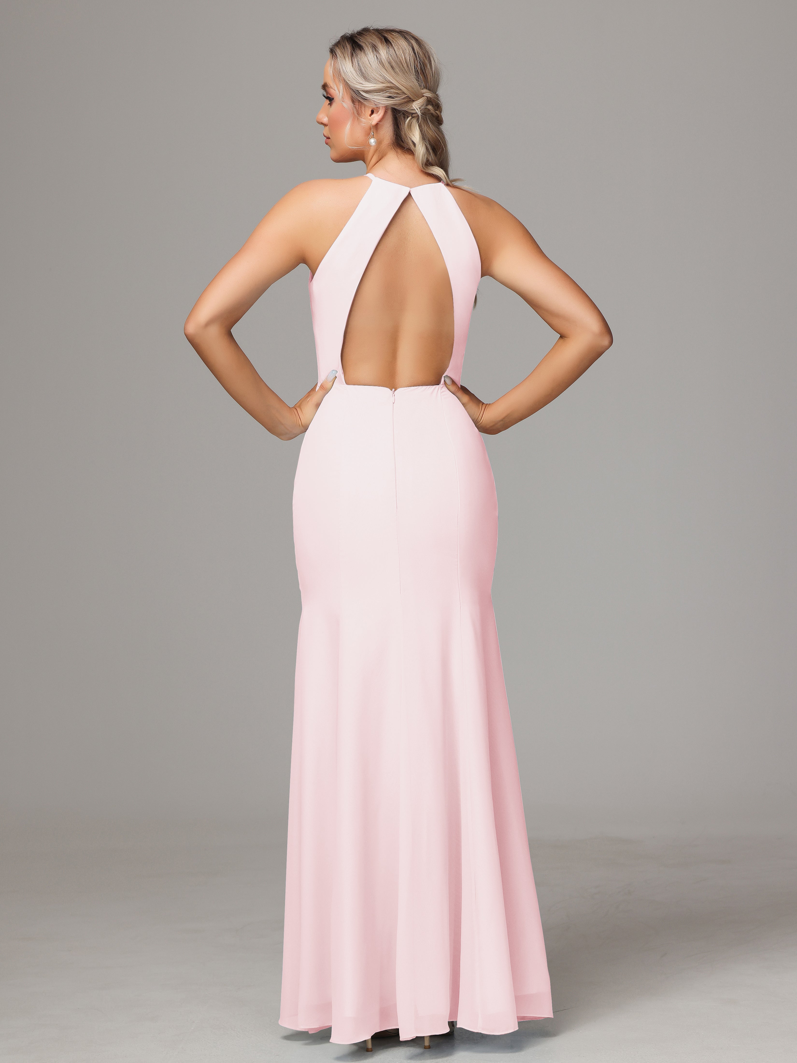 Halter Open Back Chiffon Bridesmaid Dress With Slit