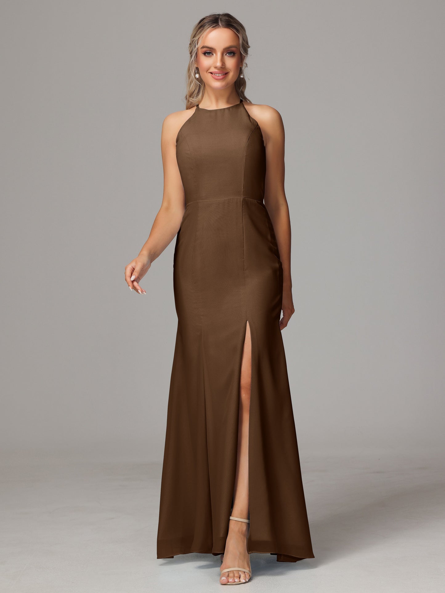 Halter Open Back Chiffon Bridesmaid Dress With Slit