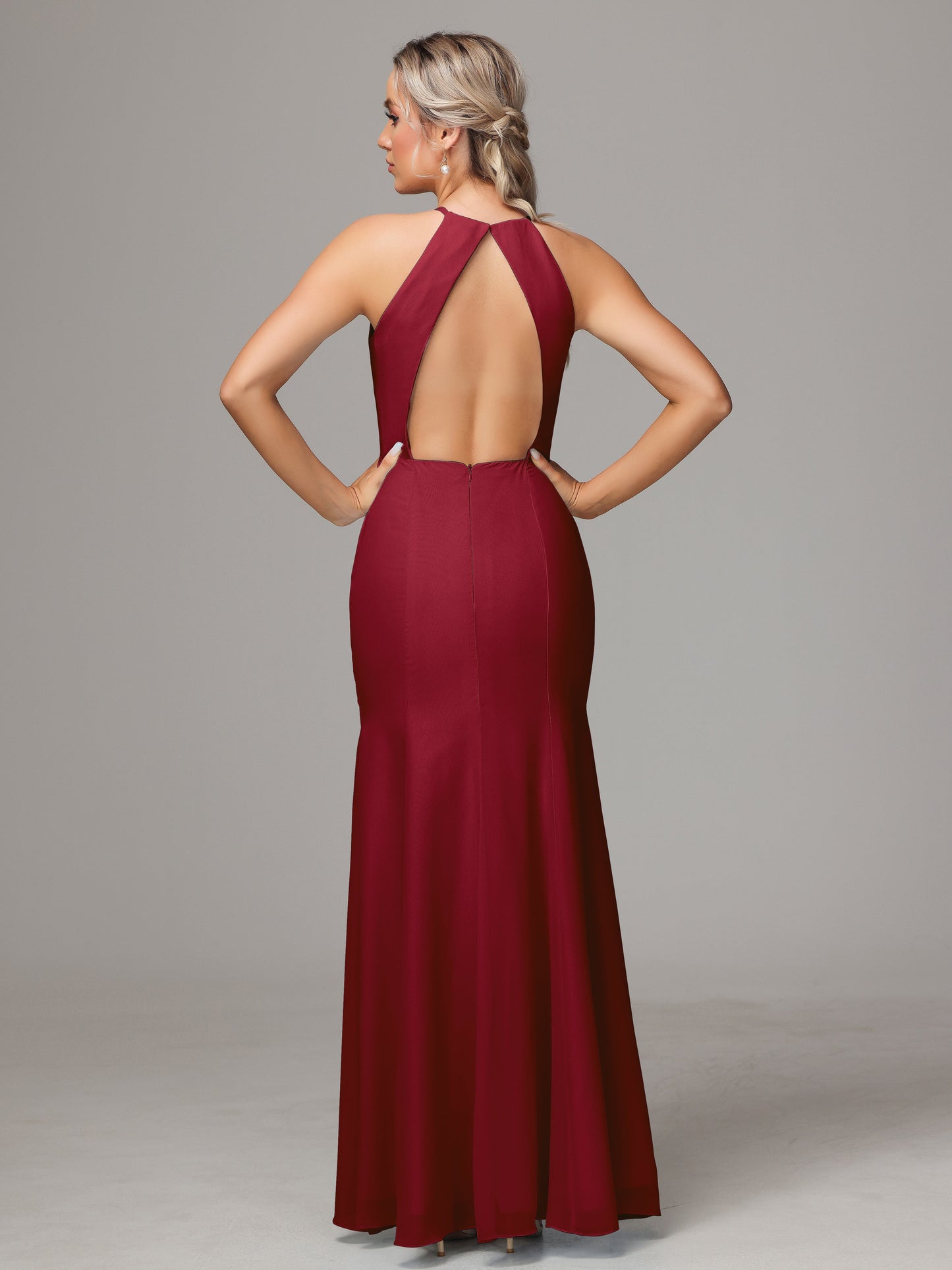 Halter Open Back Chiffon Bridesmaid Dress With Slit