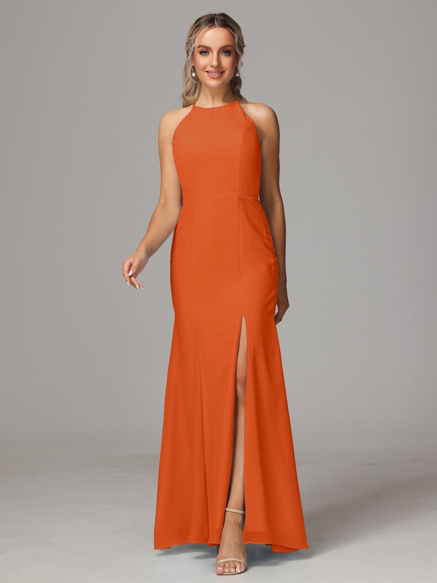 Halter Open Back Chiffon Bridesmaid Dress With Slit