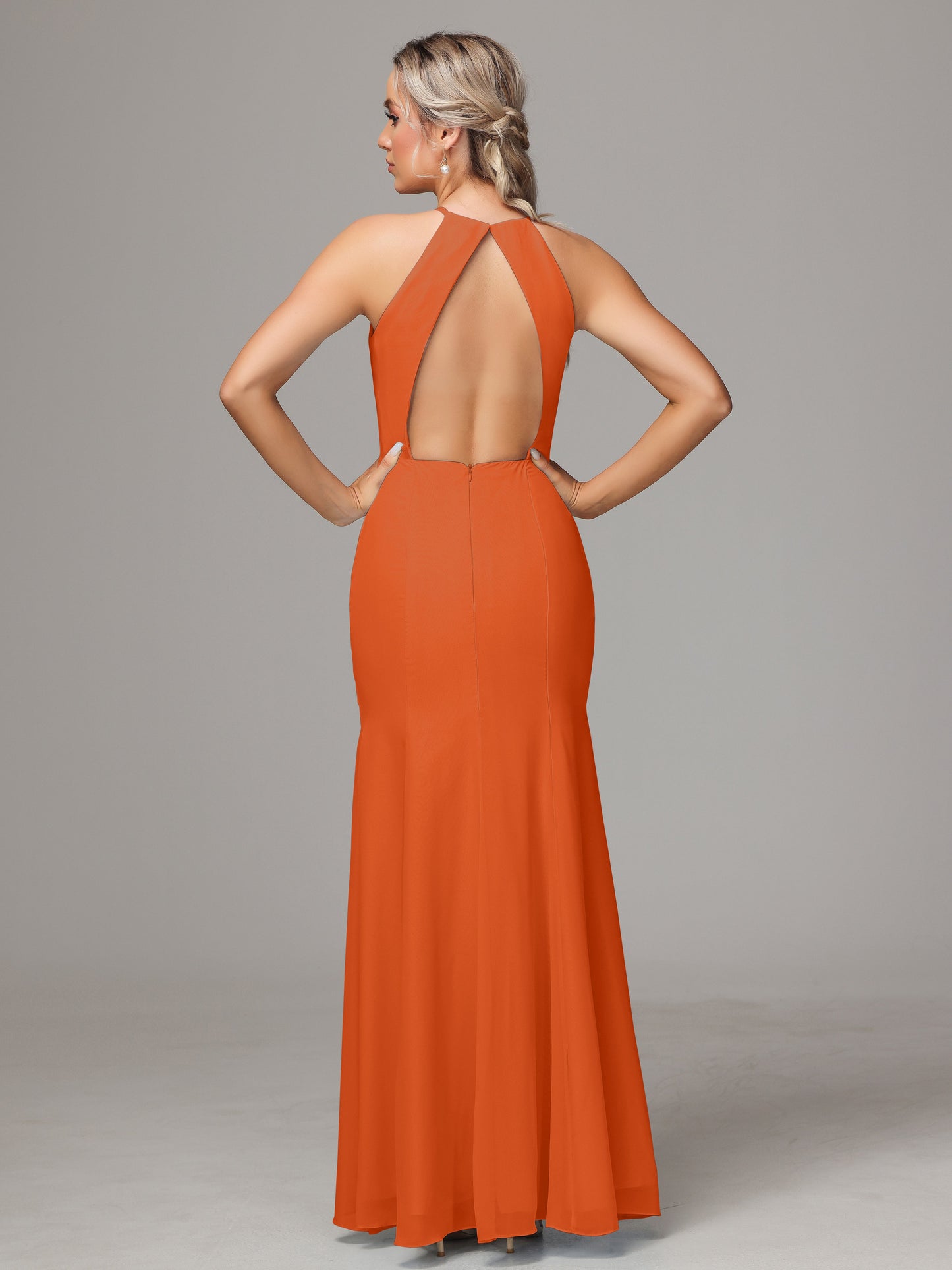 Halter Open Back Chiffon Bridesmaid Dress With Slit
