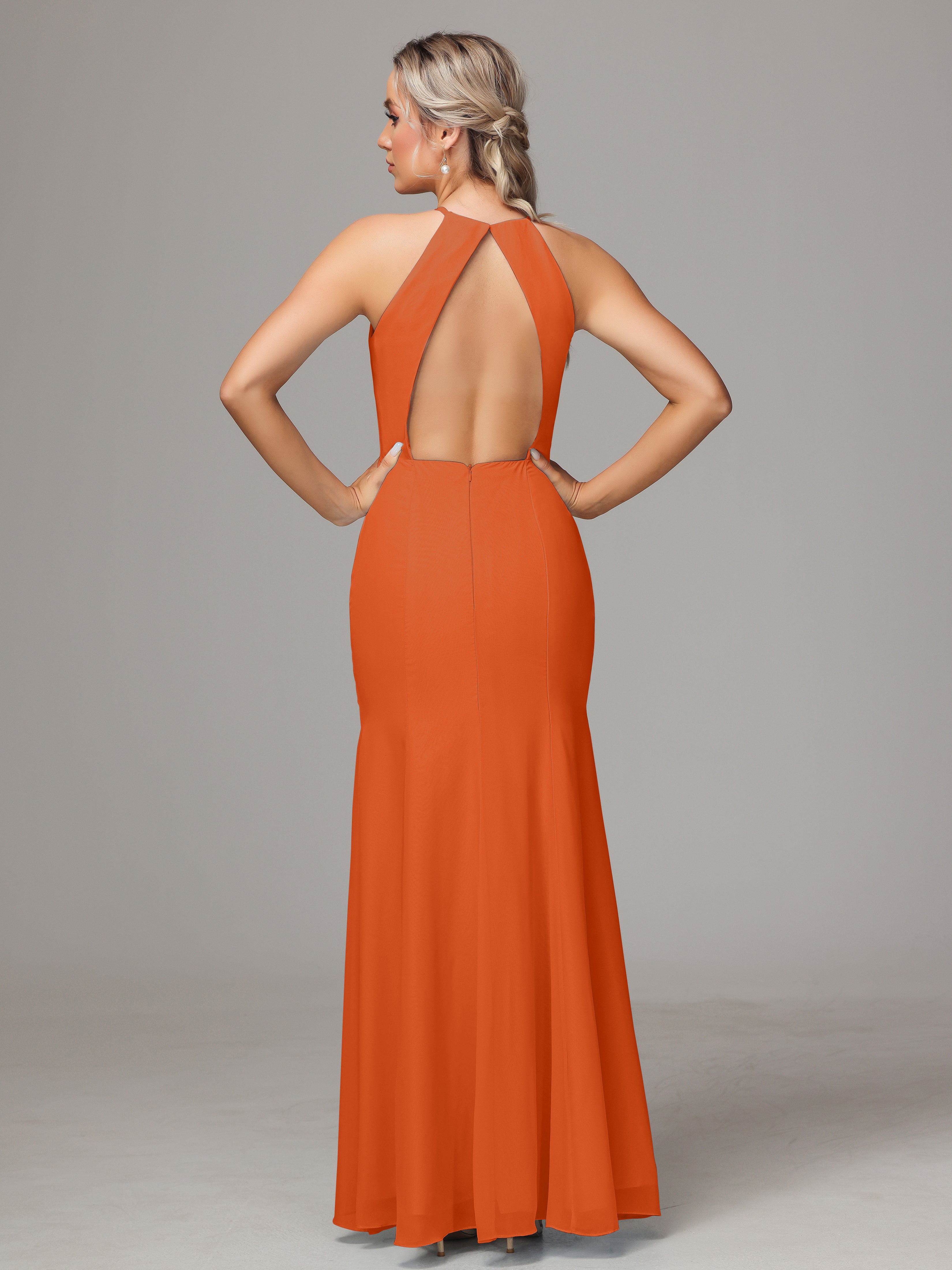 Halter Open Back Chiffon Bridesmaid Dress With Slit
