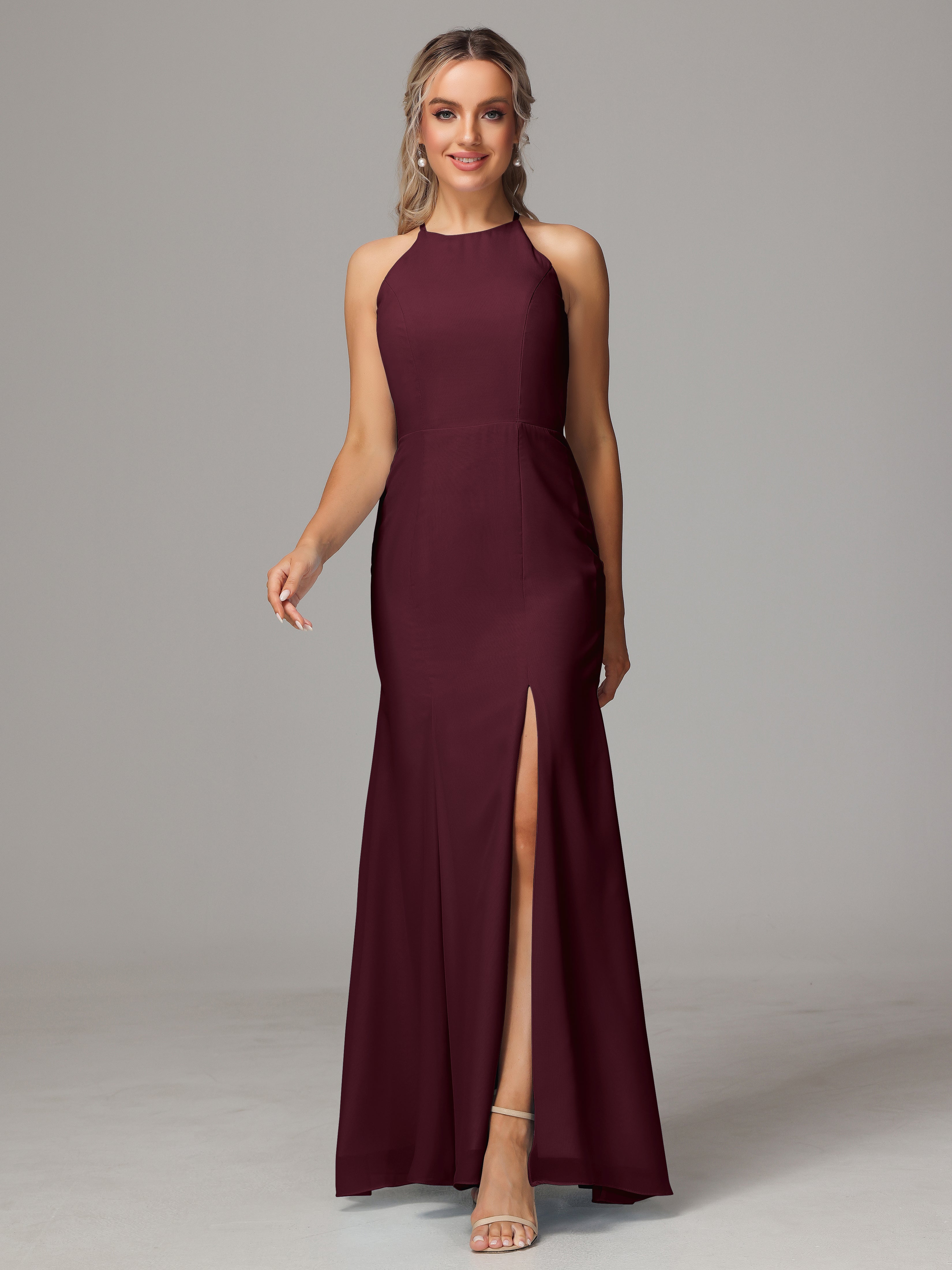 Halter Open Back Chiffon Bridesmaid Dress With Slit