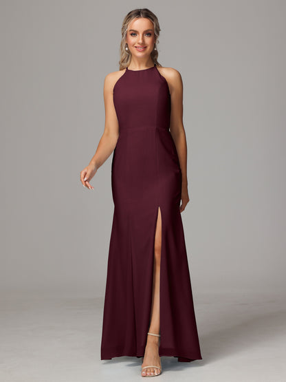 Halter Open Back Chiffon Bridesmaid Dress With Slit