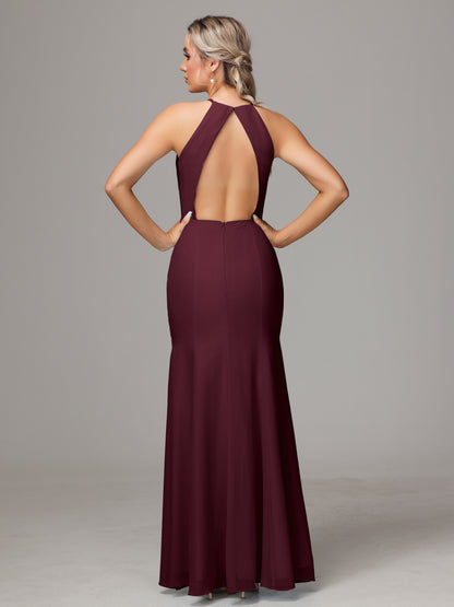 Halter Open Back Chiffon Bridesmaid Dress With Slit