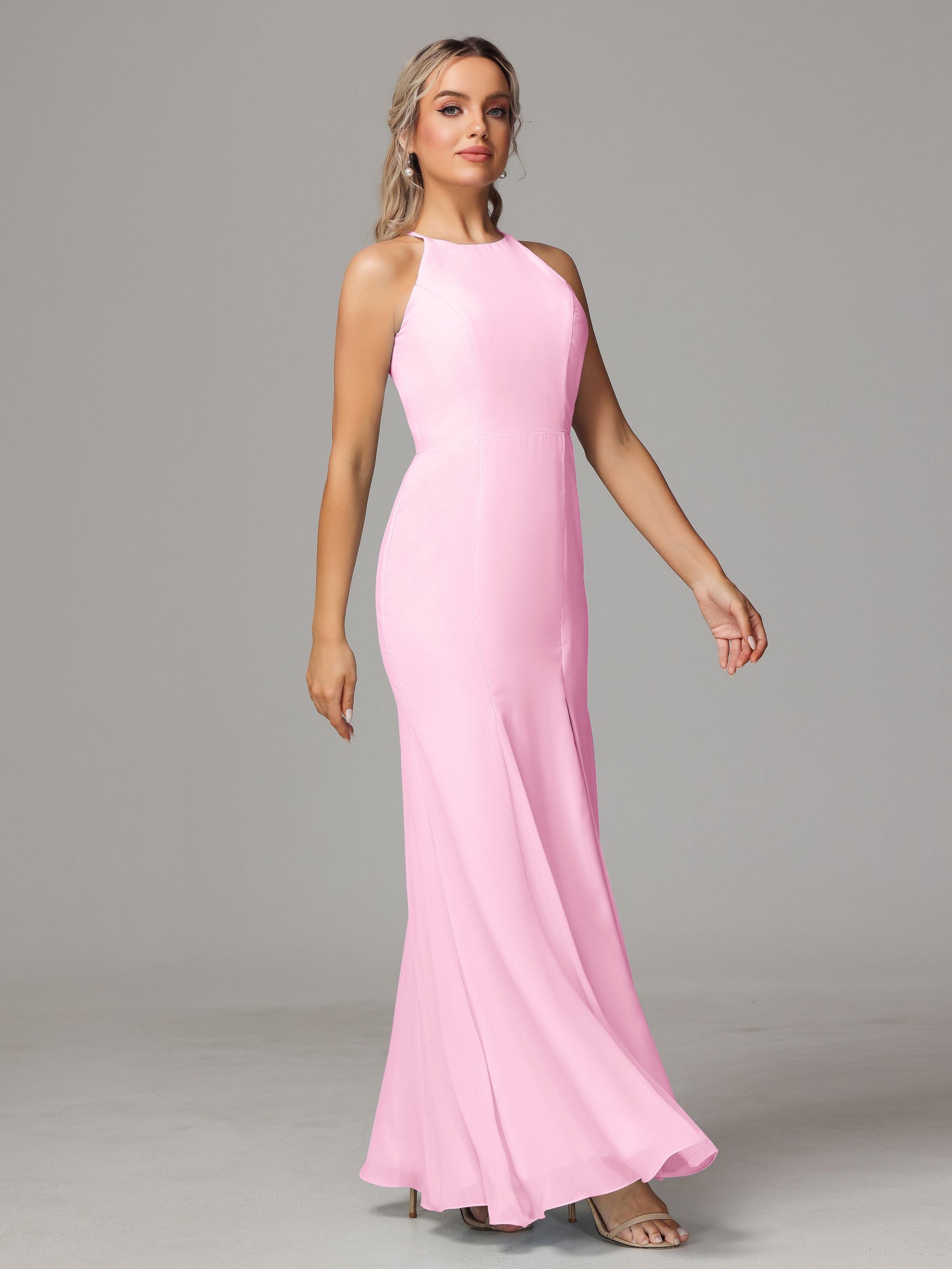 Halter Open Back Chiffon Bridesmaid Dress With Slit