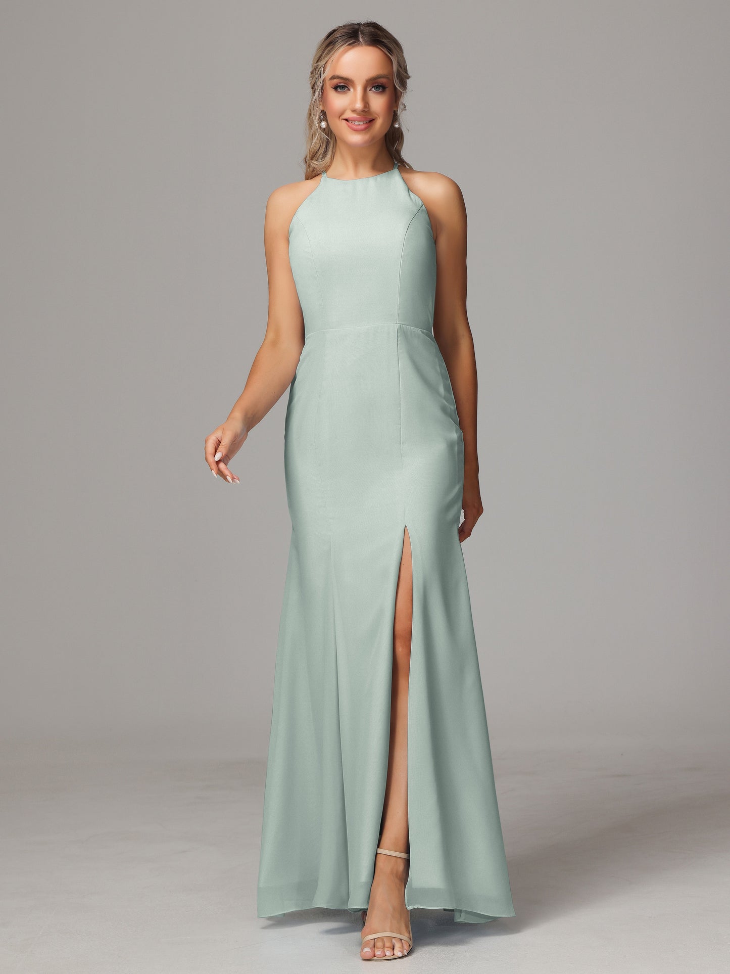 Halter Open Back Chiffon Bridesmaid Dress With Slit