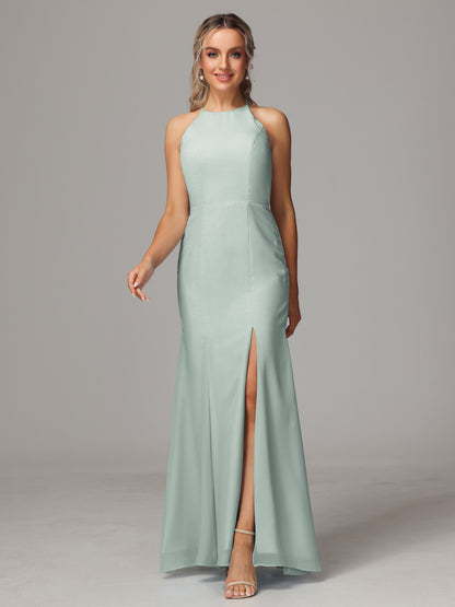 Halter Open Back Chiffon Bridesmaid Dress With Slit