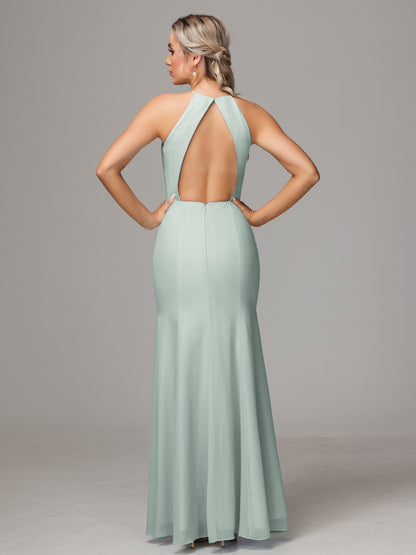 Halter Open Back Chiffon Bridesmaid Dress With Slit