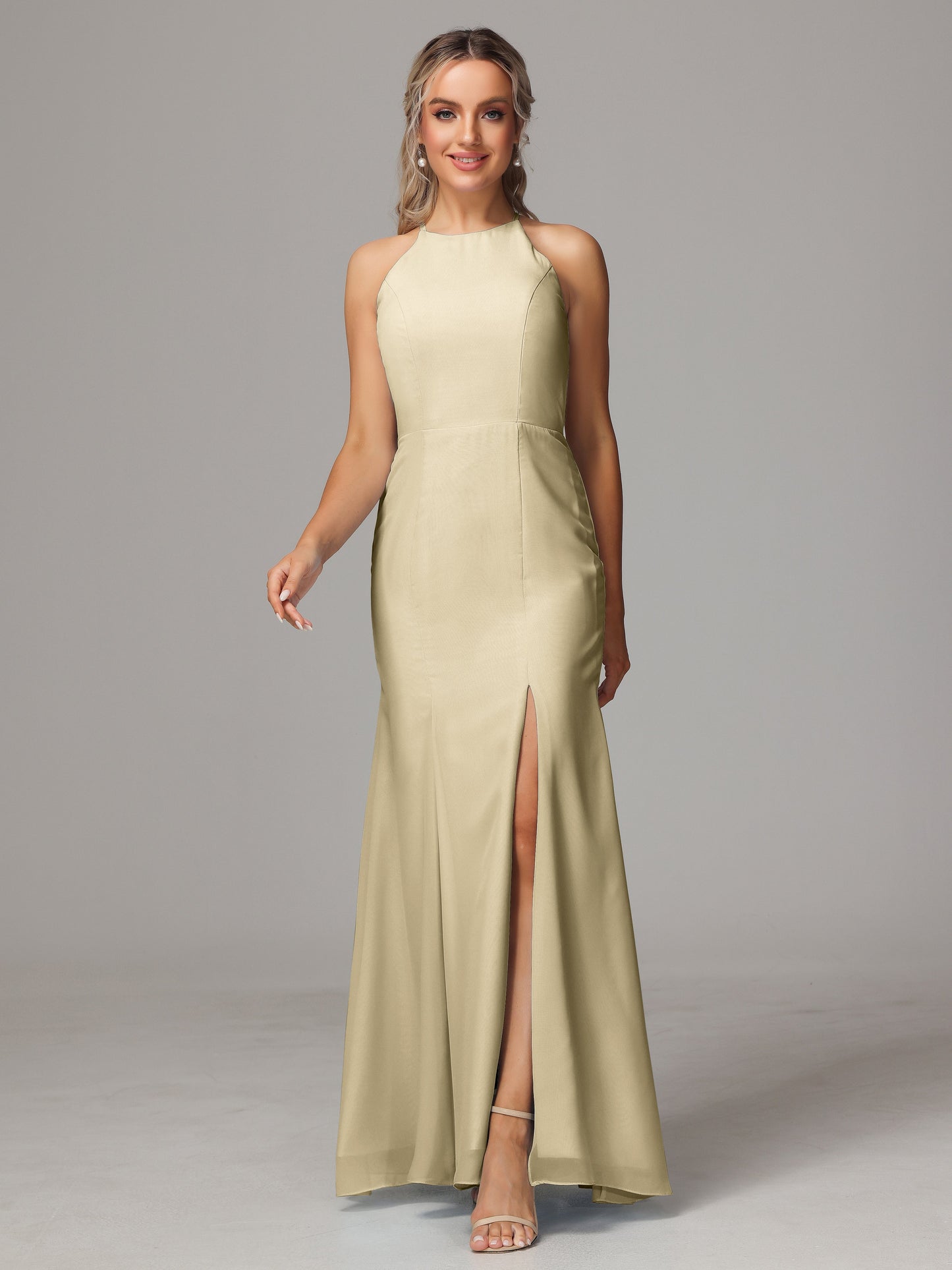 Halter Open Back Chiffon Bridesmaid Dress With Slit