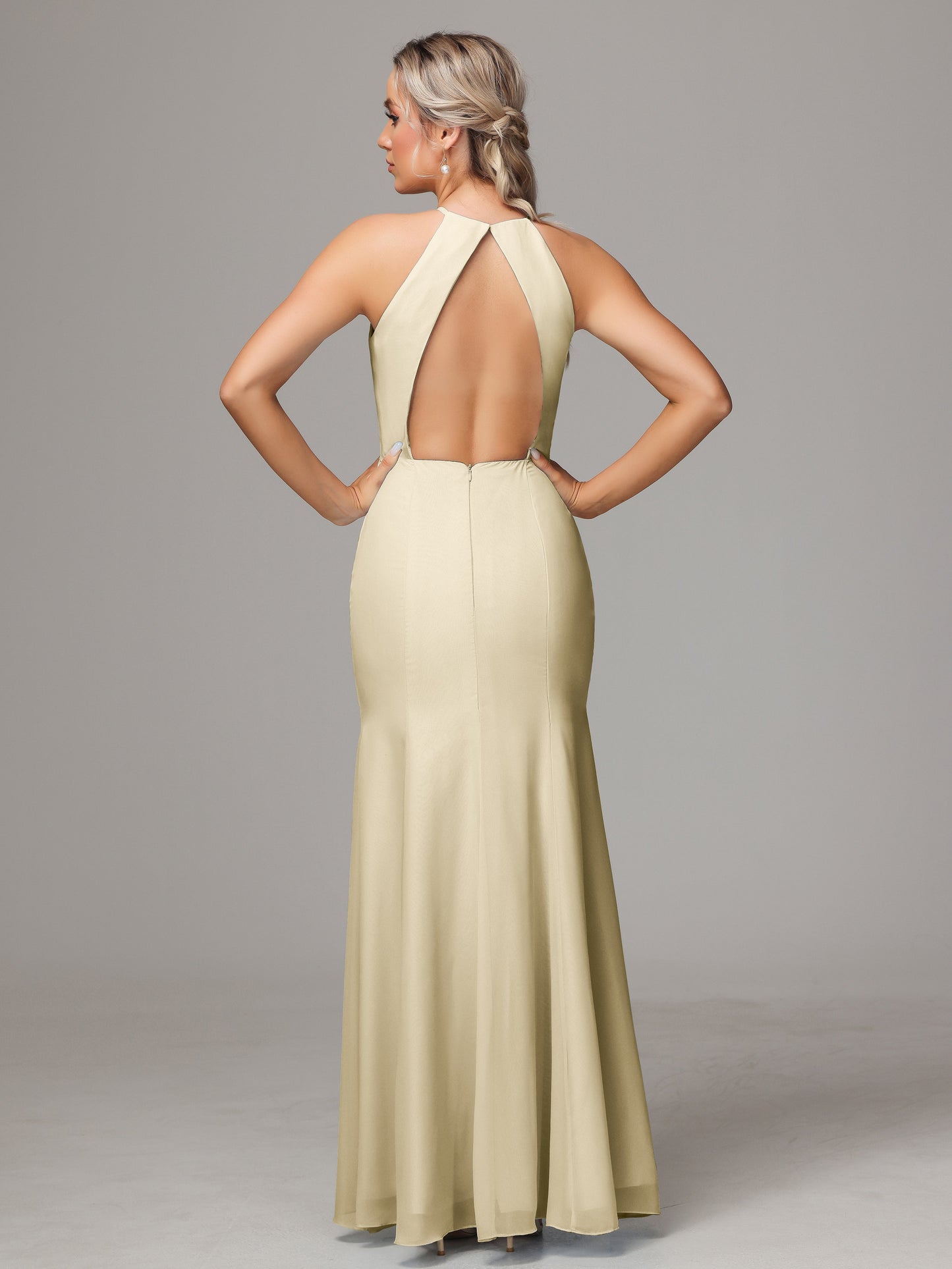 Halter Open Back Chiffon Bridesmaid Dress With Slit