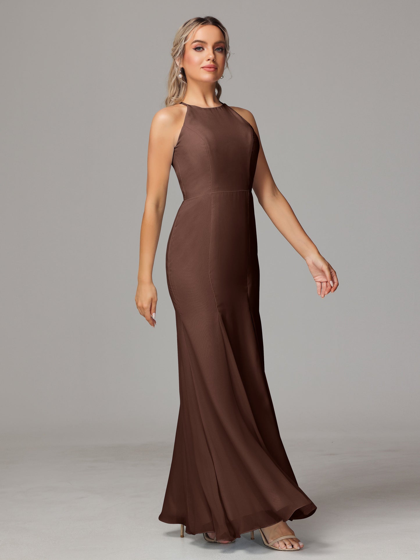 Halter Open Back Chiffon Bridesmaid Dress With Slit