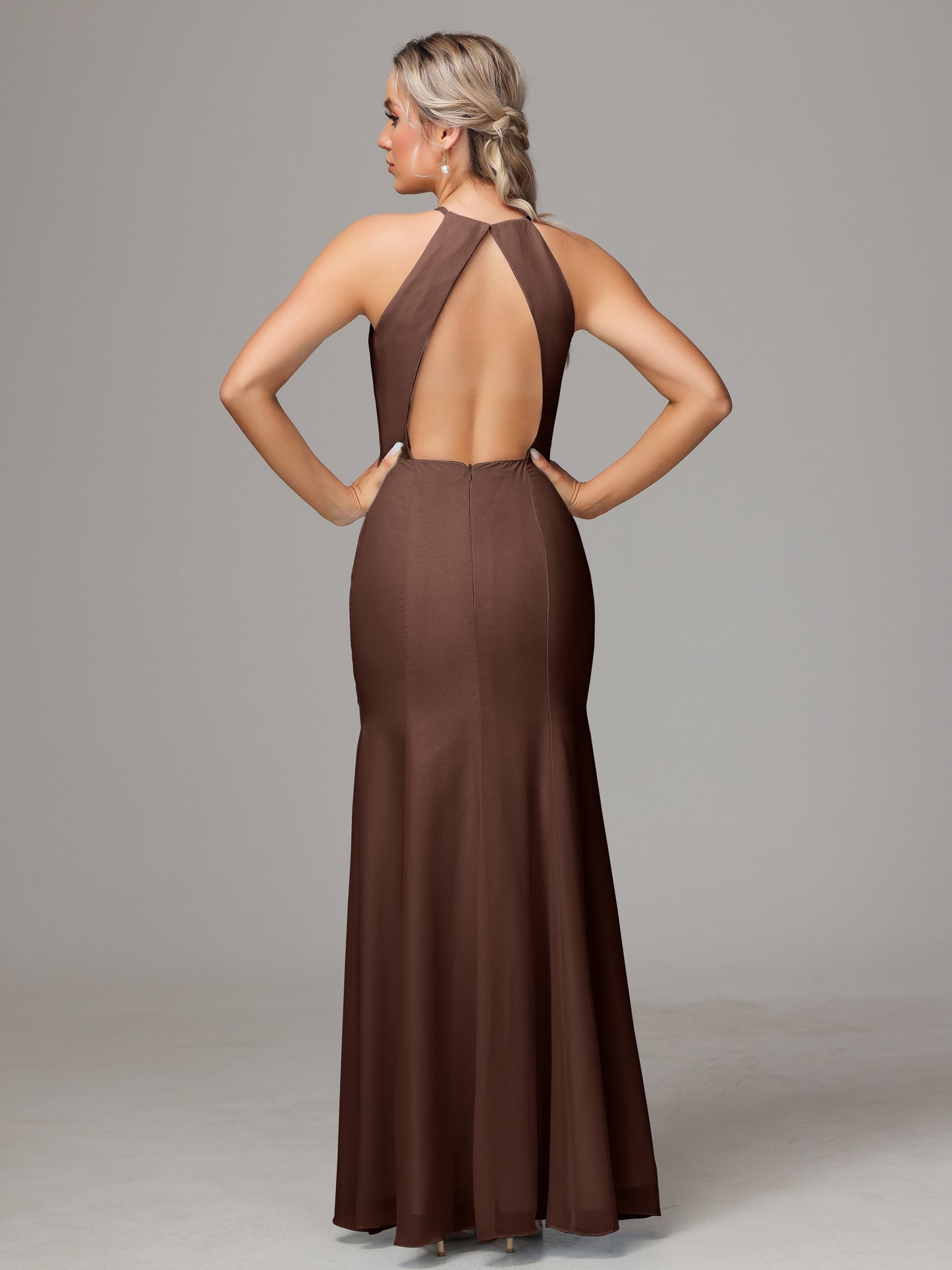 Halter Open Back Chiffon Bridesmaid Dress With Slit