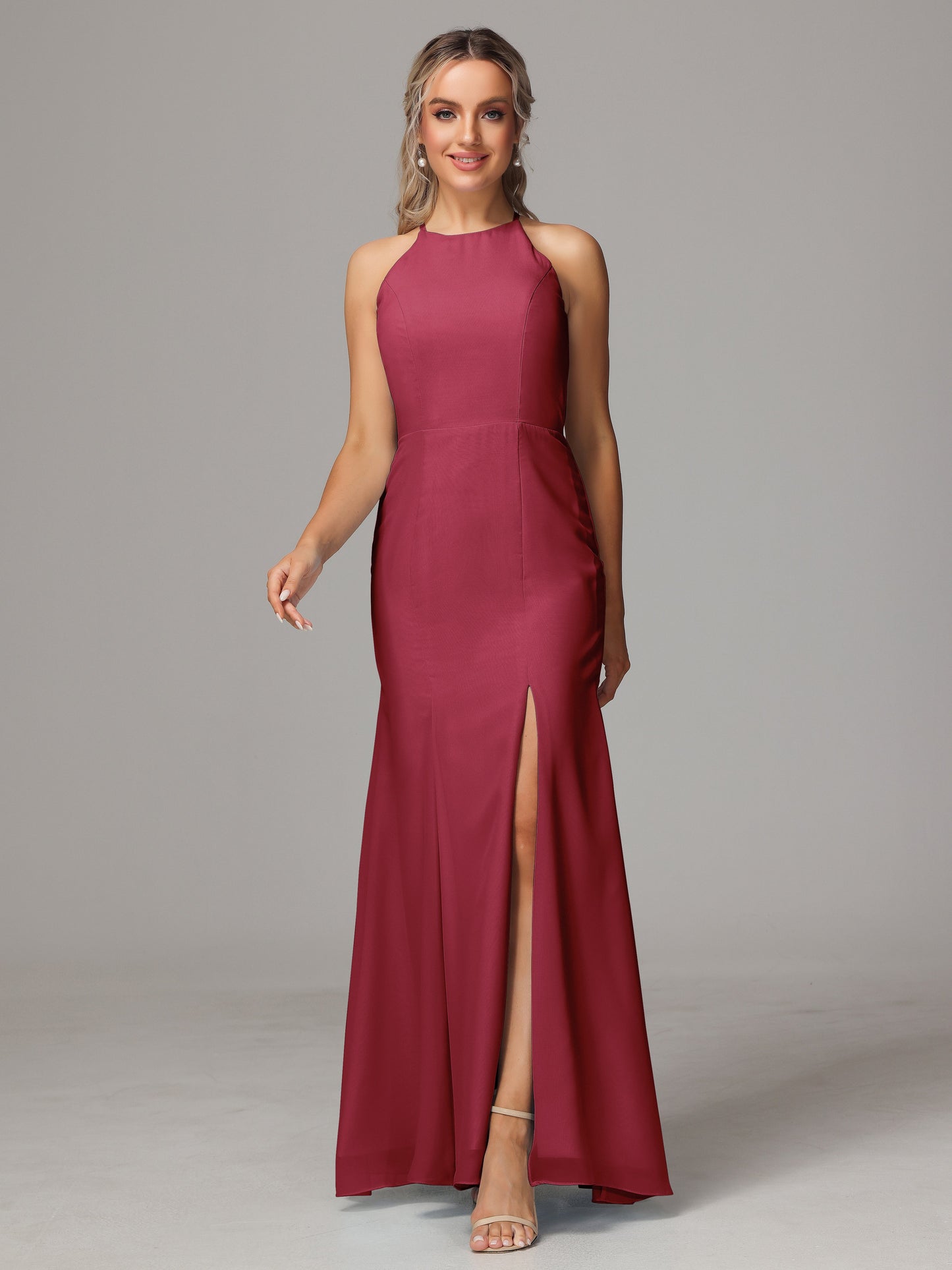 Halter Open Back Chiffon Bridesmaid Dress With Slit