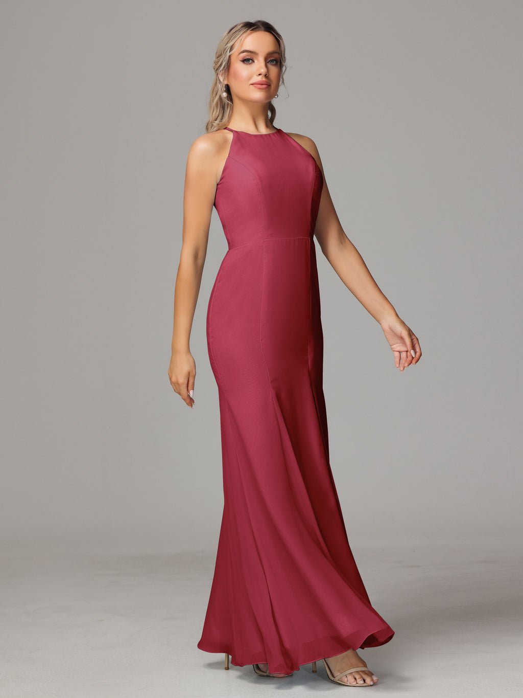Halter Open Back Chiffon Bridesmaid Dress With Slit