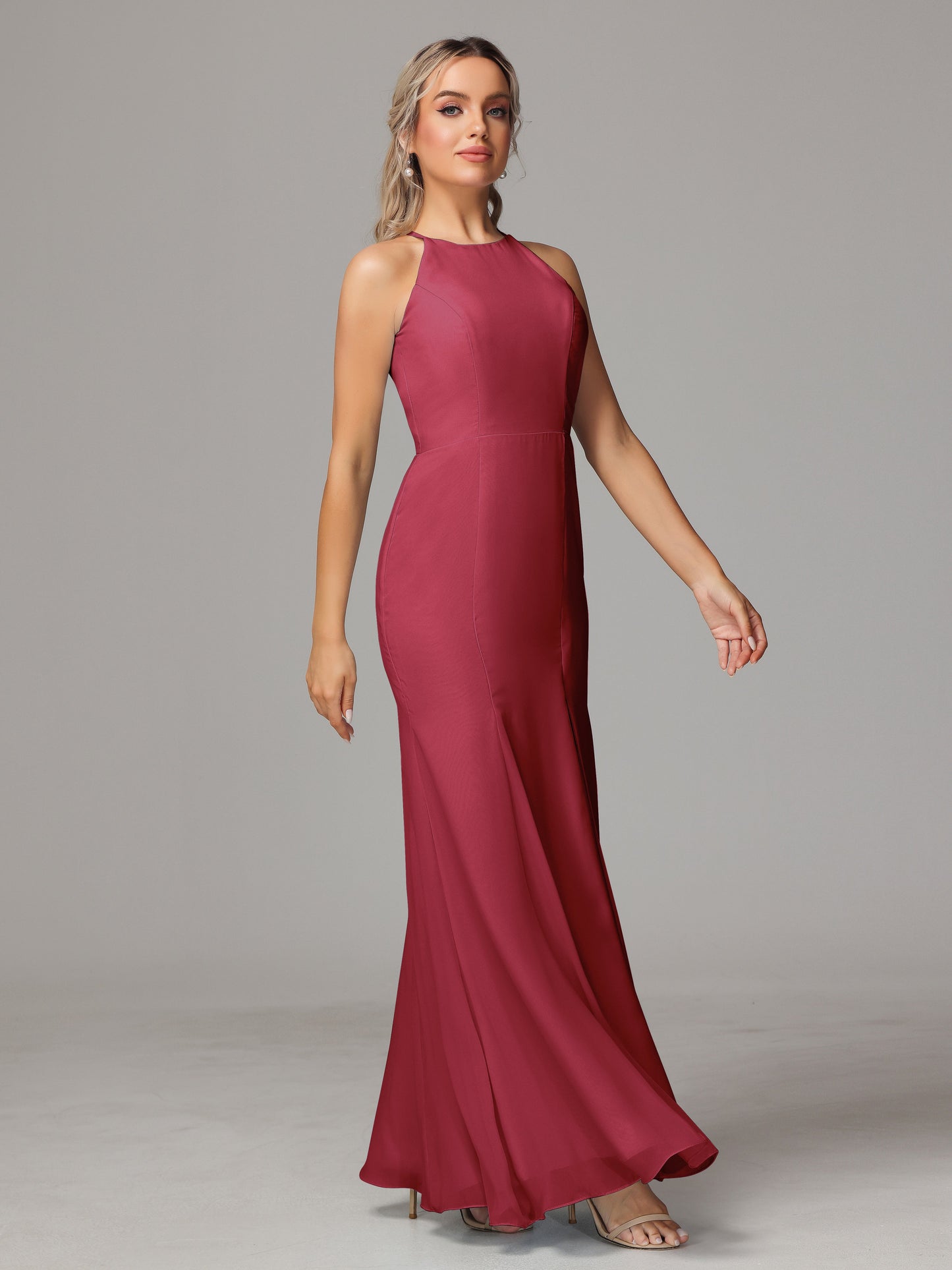 Halter Open Back Chiffon Bridesmaid Dress With Slit