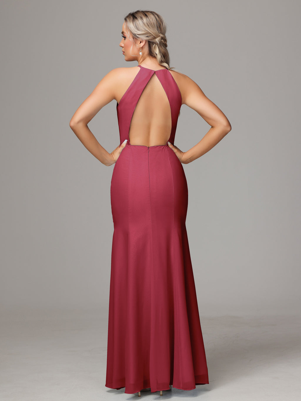 Halter Open Back Chiffon Bridesmaid Dress With Slit