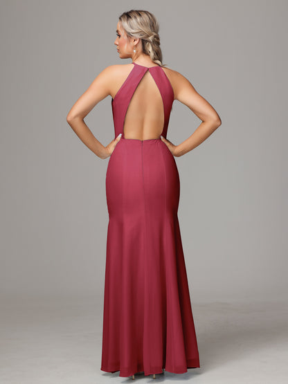 Halter Open Back Chiffon Bridesmaid Dress With Slit